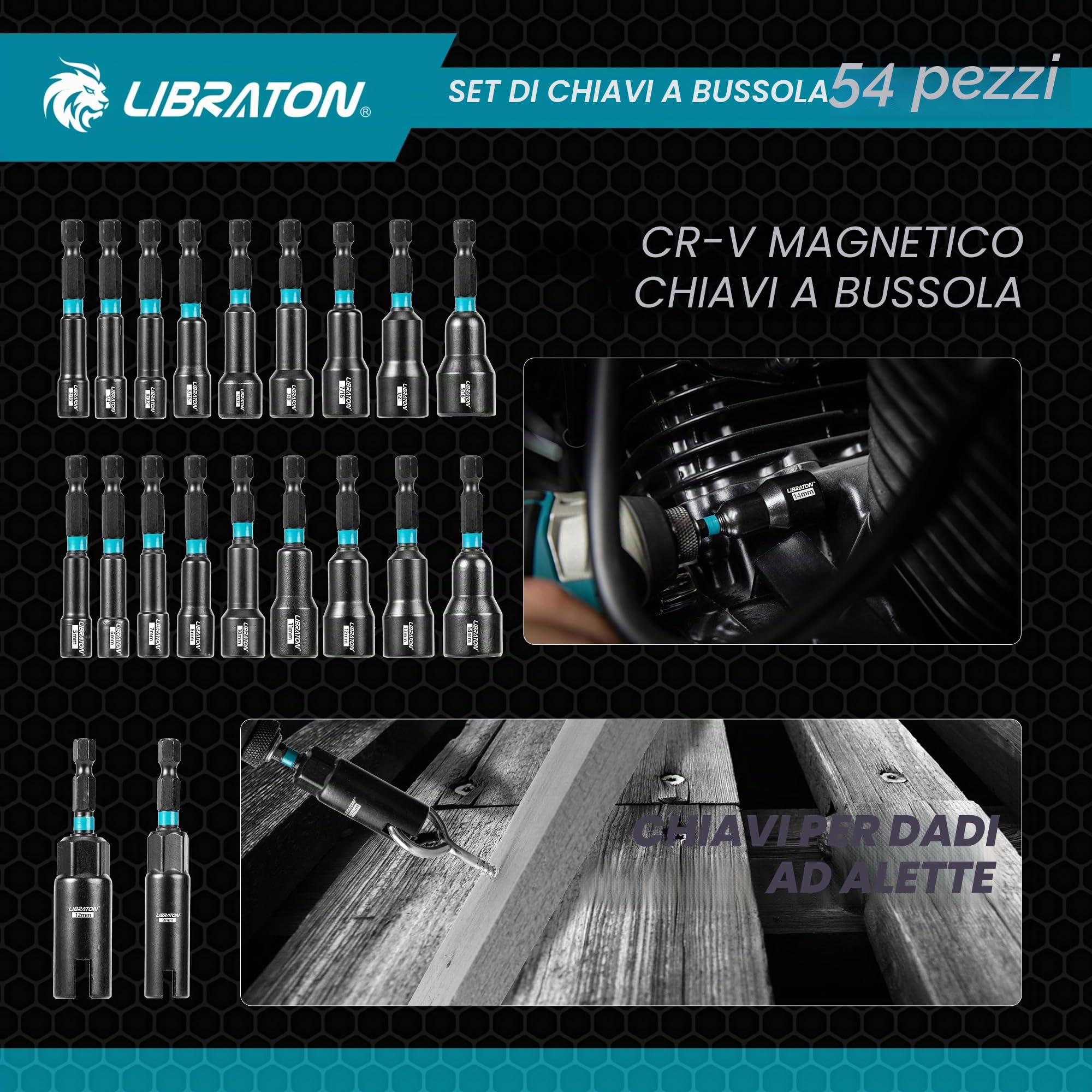 LIBRATON 54PCS Set Giradadi Magnetici, Punta per Trapano a Percussione 1/4", Giradadi Metrico e SAE, Adattatori per Prese, Punte per Cacciavite, Prolunga a Sgancio Rapido, Scatola di Immagazzinaggio