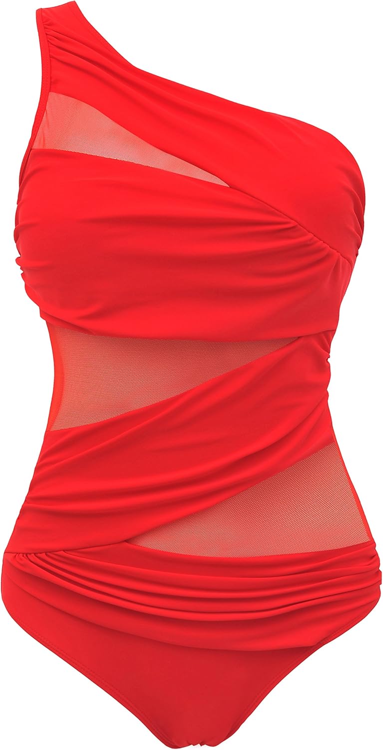 Runtlly Women's One Piece Swimsuits One Shoulder Plus Size Swimwear Bathing Suit with See Through Mesh Style