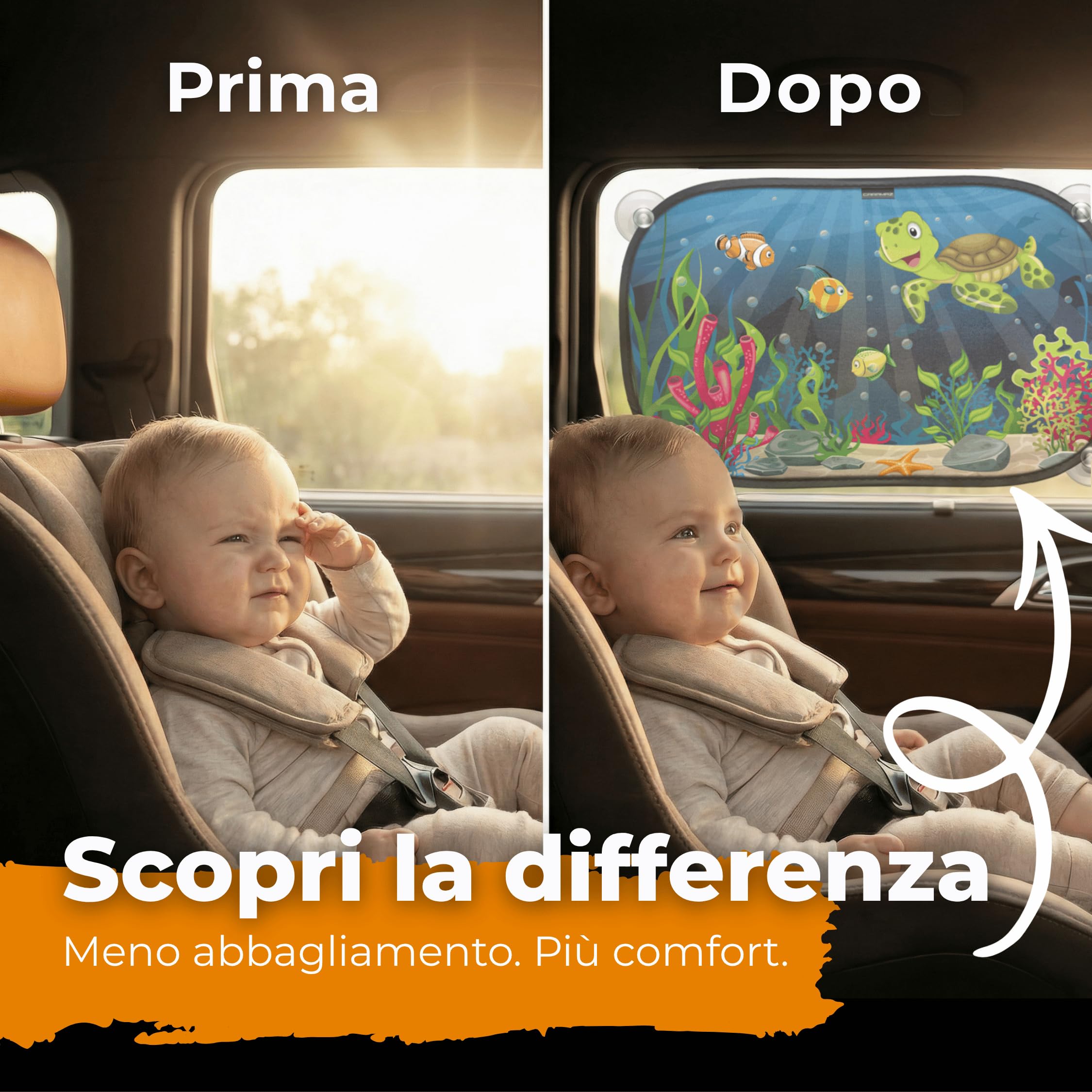 Tendine parasole bambini Buio Ottimale con protezione UV certificata - accessori auto, 2 pezzi 51x31cm, protezione solare raggi UV Design Tartaruga
