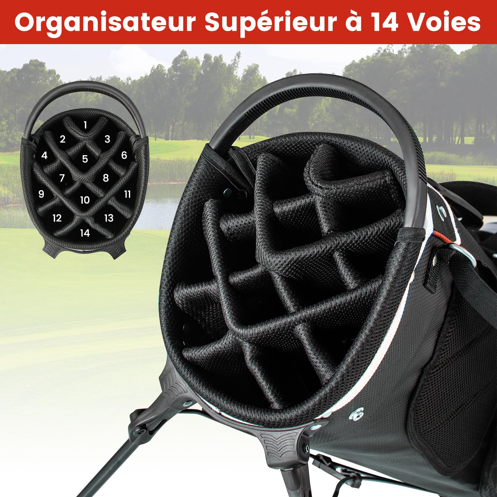 COSTWAY Sac de Golf avec 14 Compartiments Séparés, Sac de Club de Golf Portable avec 6 Poches Zippées Comprenant Sac Isotherme Capuche Anti-Pluie Double Sangle, Sac Léger