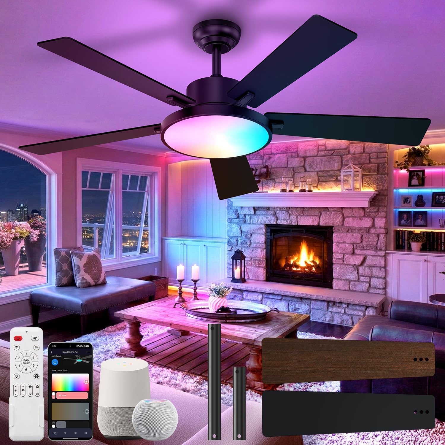 TRUYOK Black Small Fans for Bedrooms132cm, with Alexa/Google Assistant/App Control, Ceiling Fans with Lights and Remote, RGB Ambient Light for Bedroom Living Room Kitchen Indoor/Outdoor Patio