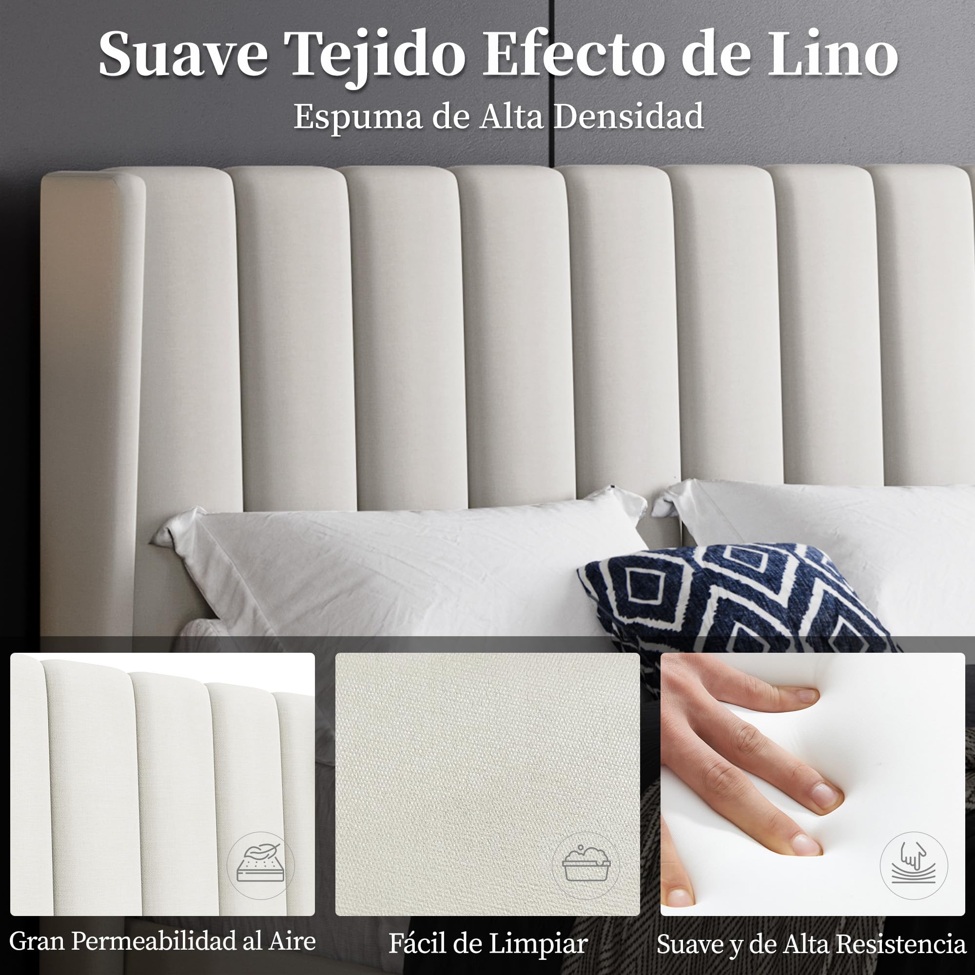 Yaheetech Cama Doble Tapizada 140 x 200cm con Somier de Lamas con Cabecero Rayado Moderno Estructura de Madera y Metal Marco de Cama para Adultos 2 Personas Beige