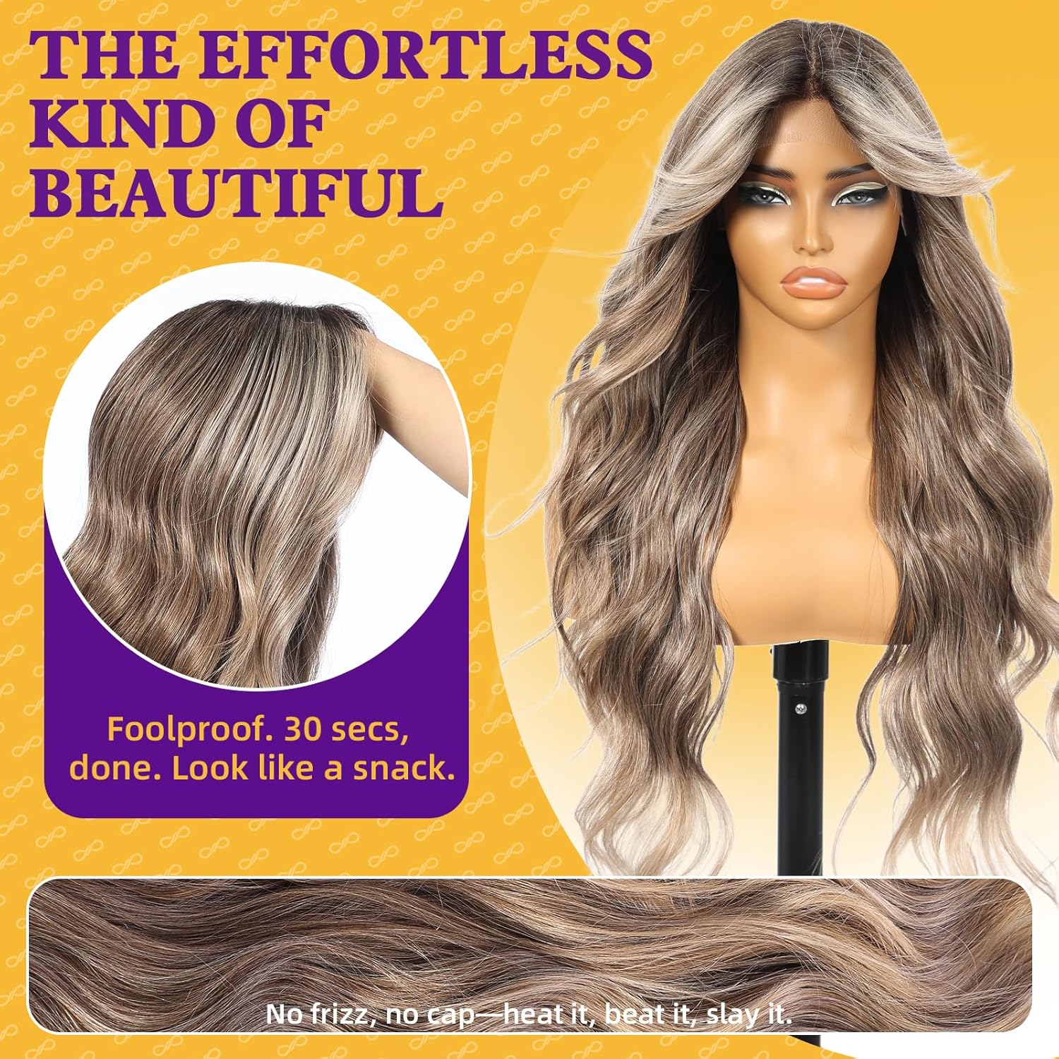 Brown Mixed Synthetic Lace Front Wig,【Beginner Friendly Wigs】 T Part Glueless Long Curly Wavy Wigs With Bangs for Women Cosplay Daily Use 28IN(#TT4/6164)