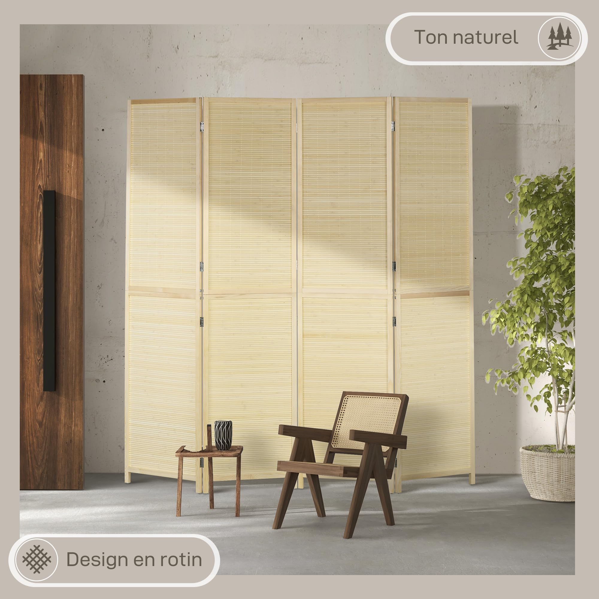 HOMCOM Paravent intérieur en Bambou 4 Panneaux 180 x 180 cm séparateur de pièce cloison de séparation Pliable - Naturel