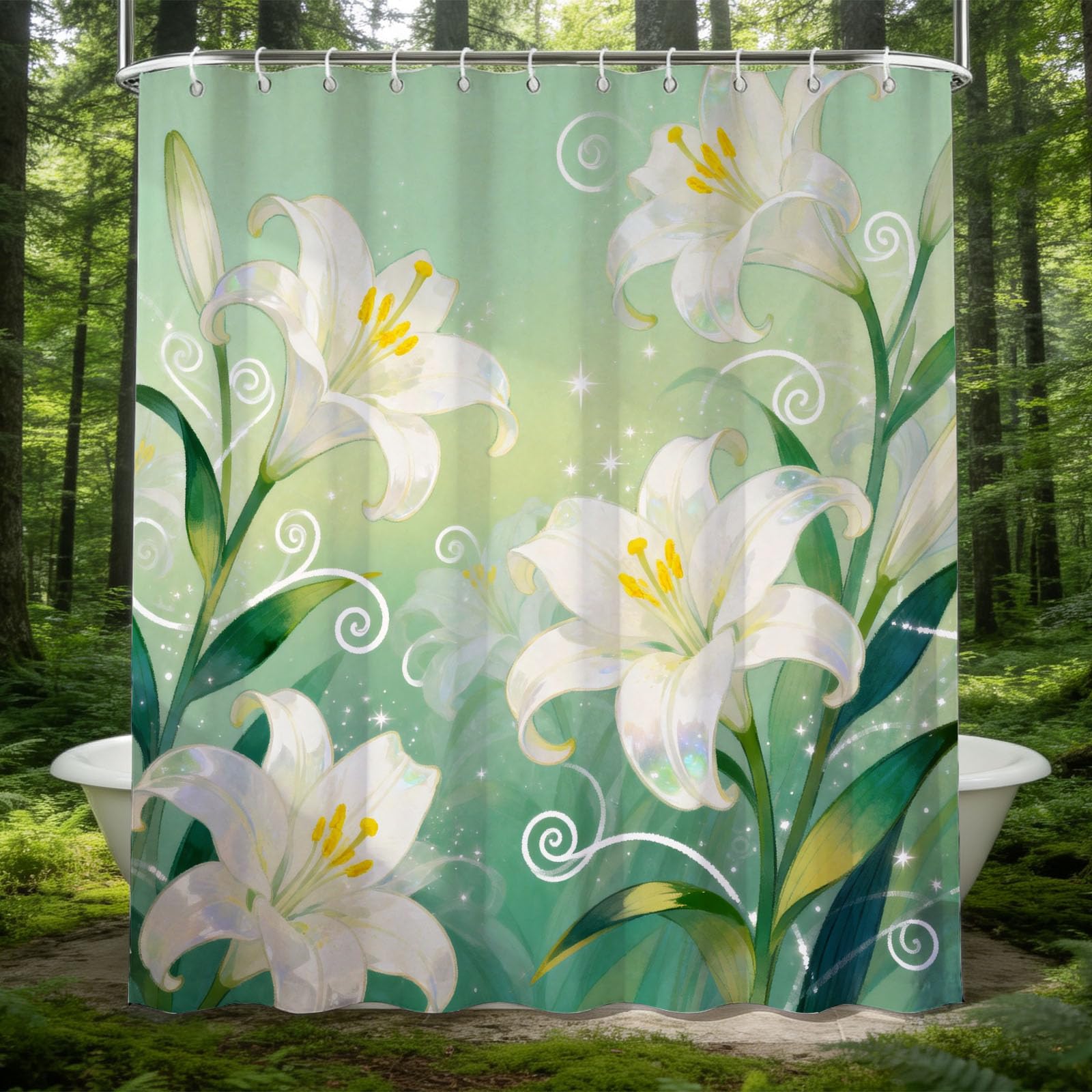 Hongduo 3D White Lily Shower Curtain for Stalls Bathtubs Watercolor Style Bathroom Decor Shower Curtain Set Polyester Fabric Waterproof 180x200cm/71X79 Inch with Hooks