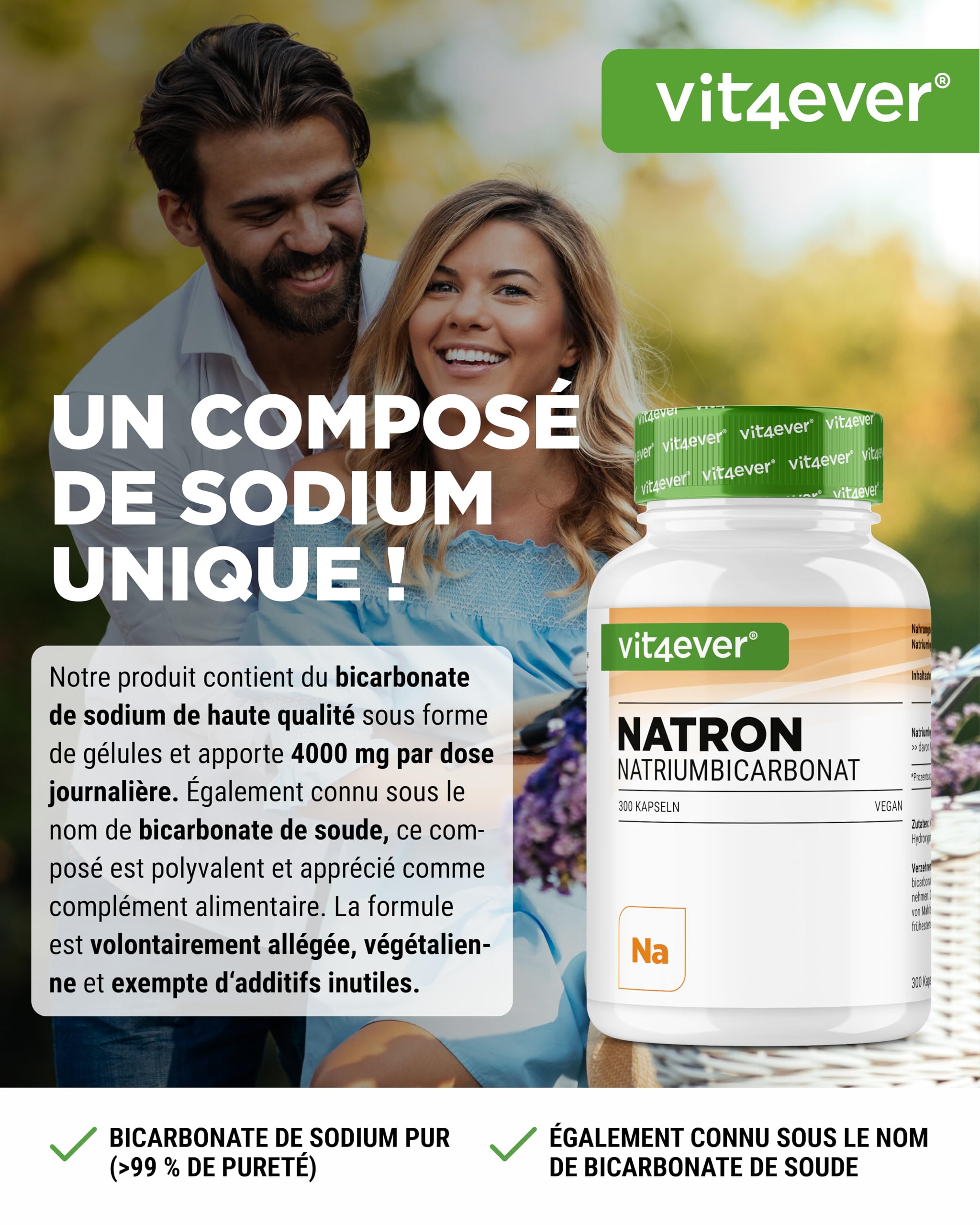vit4ever Gélules de Bicarbonate de Sodium 1000 mg - 300 Gélules - Bicarbonate de Sodium Hautement Dosé - Vegan, Sans Additifs Inutiles