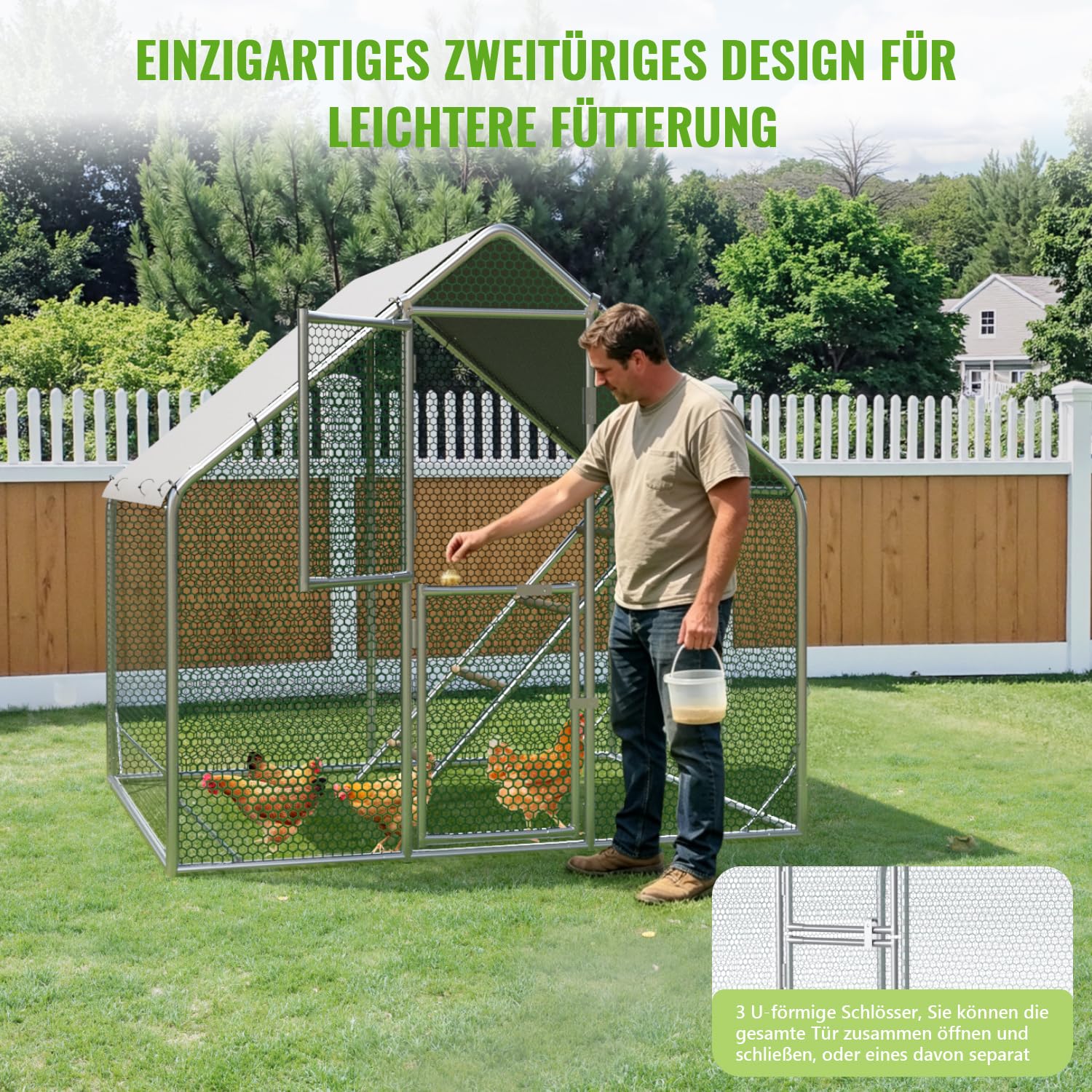 Gallinero grande de metal 2 x 2 x 1,7 m con cubierta de techo, cercado para gallinero para jardín, resistente a la intemperie, para 4 a 6 gallinas, con accesorios y escalera de asiento