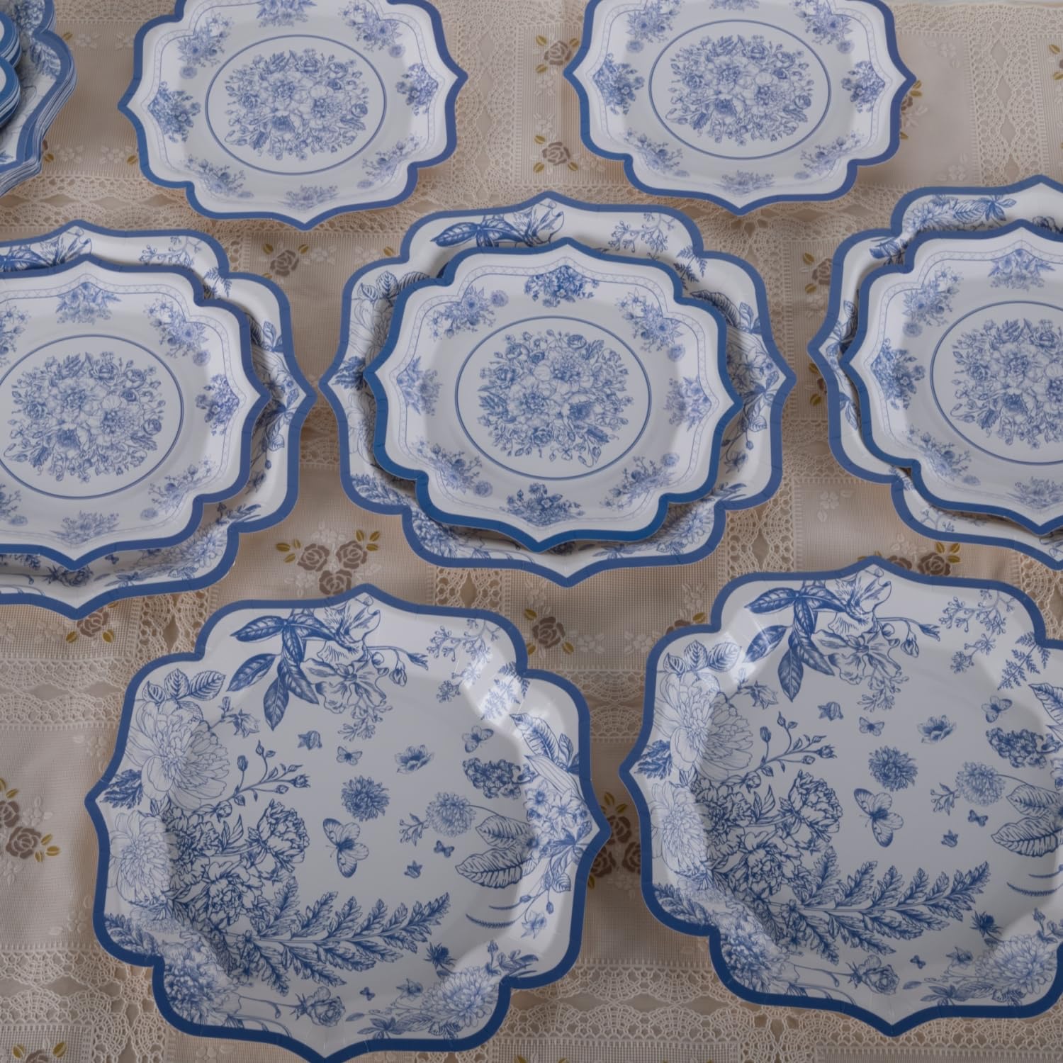 Stoviglie eleganti in cartone blu e bianco per 30 ospiti – Piatti, Asciugamani e Tazze – Tè, Compleanni