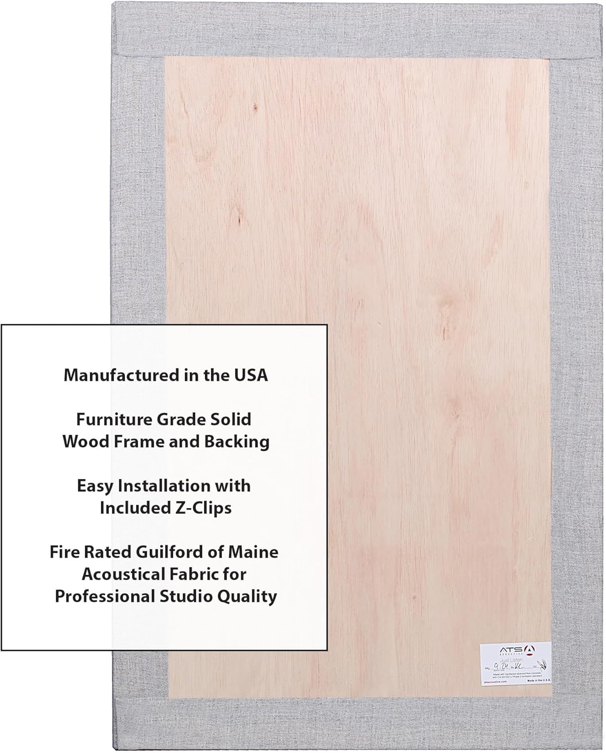 ATS Acoustics Sound Absorbing Acoustic Panel with Sona Fabric, NRC 1.0, Fire Rated, 24" x 36" x 2" (Platinum)