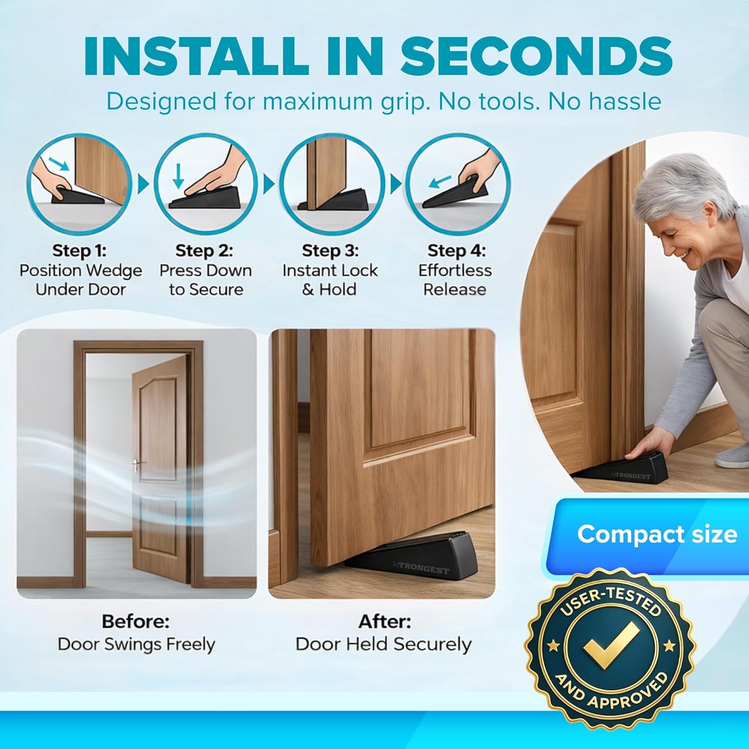 Strongest Home Heavy Duty Door Stop Wedge Made of Premium Quality Zinc and Rubber Suits Any Door, Any Floor. Set of 4 and Additional Self-Adhesive Wall Protectors