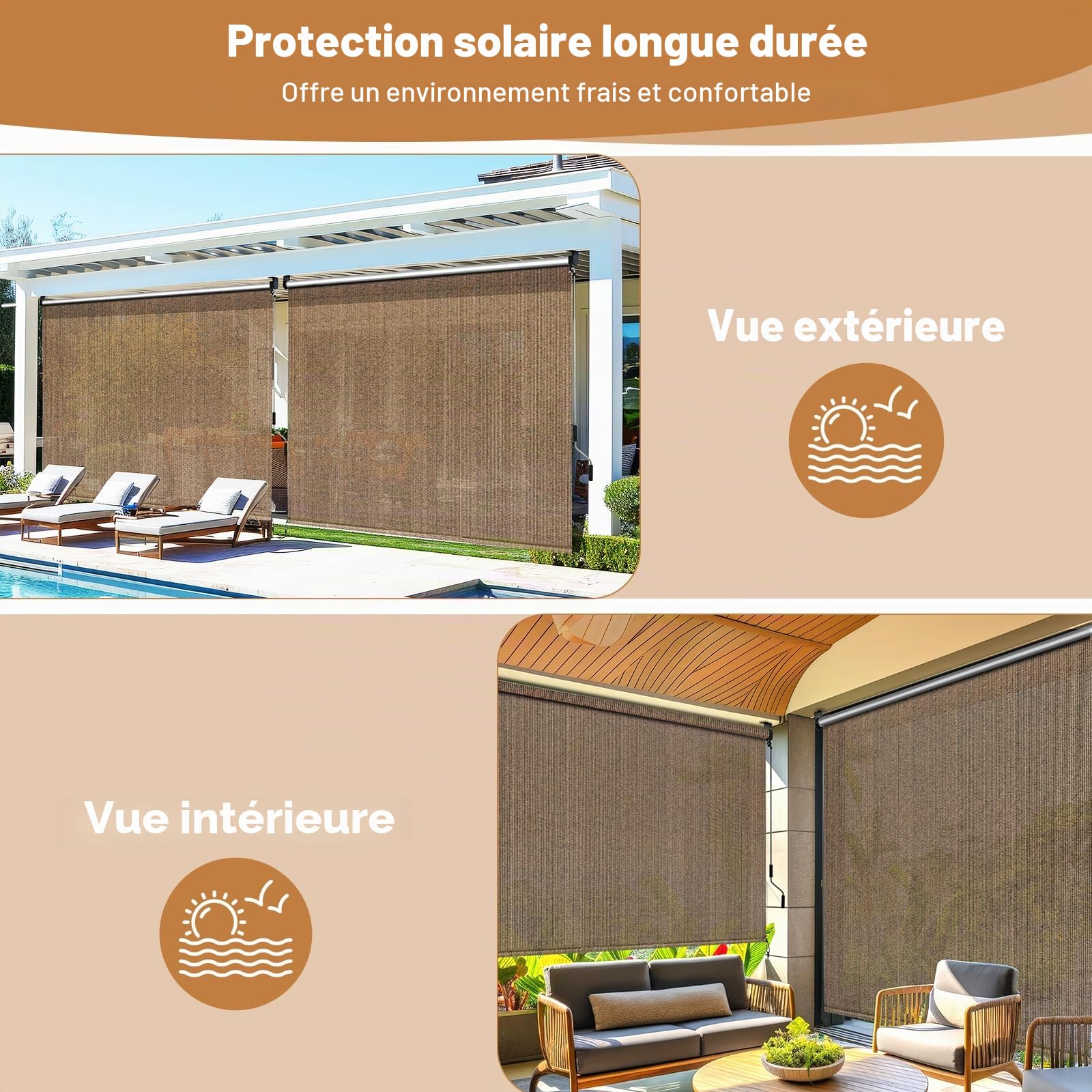 LIFERUN Auvent vertical 180x180 cm,Store Vertical,Toile d'ombrage HDPE pour pergola de terrasse,Auvent de balcon,Tube en aluminium avec commande à manivelle sans fil,pour balcon,Terrasse,Jardin, 1 PCS