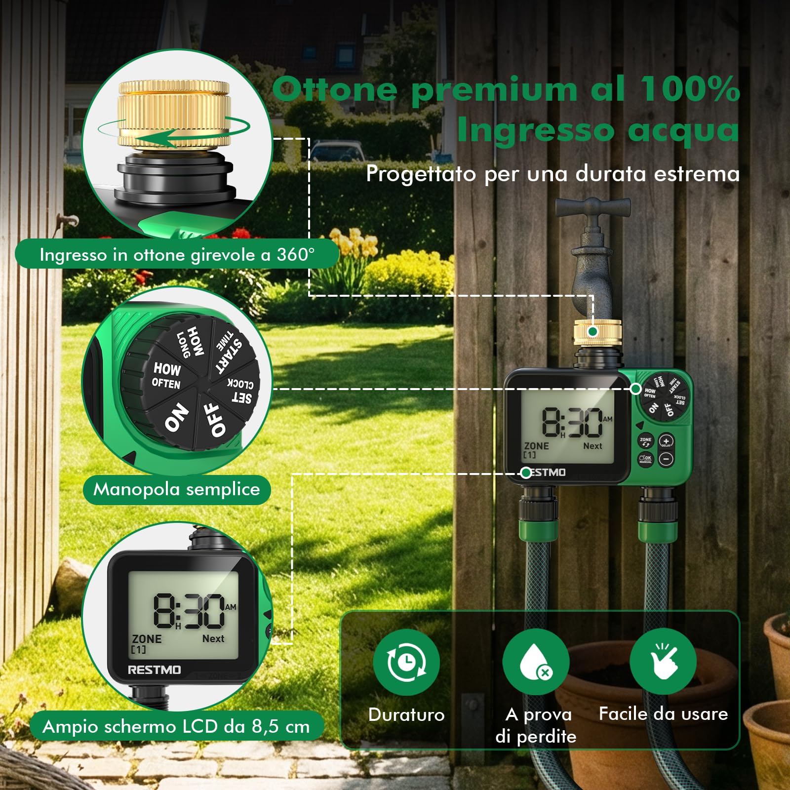 RESTMO Computer di Irrigazione 2 Zona, Timer Irrigazione con Display Grande | Automatico/Manuale/Ritardo Pioggia (12/24/48/72H), Timer per Tubo da Giardino, Rubinetto Esterno