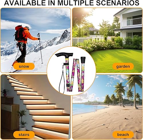 Miniatura 7 de Bastón plegable, bastón ajustable de 5 niveles para hombres y mujeres, bastón de caminar impreso plegable con correa para la muñeca y mango en T