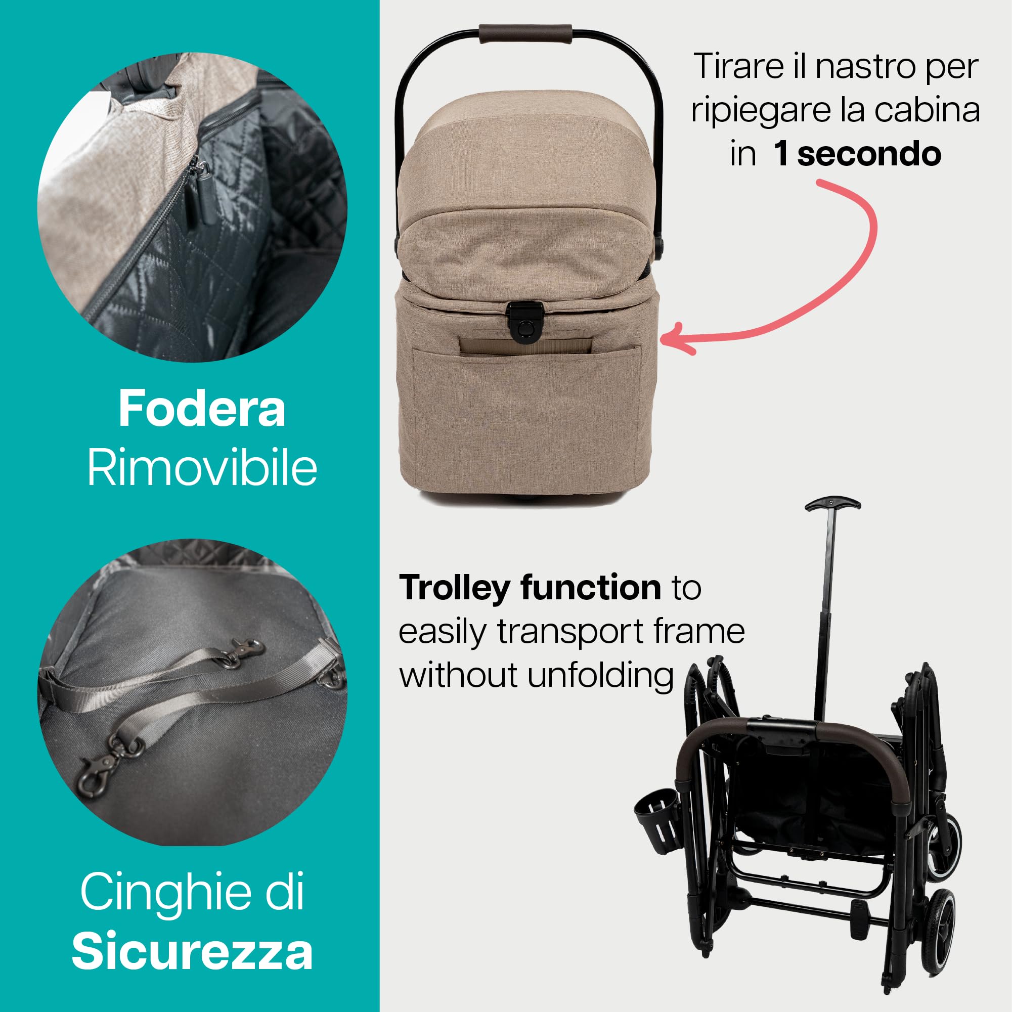Passeggino compatto per animali Innopet Nomad - Passeggino pieghevole e leggero per cani e gatti fino a 20 kg - Trasportino per animali, seggiolino auto e passeggino 3in1