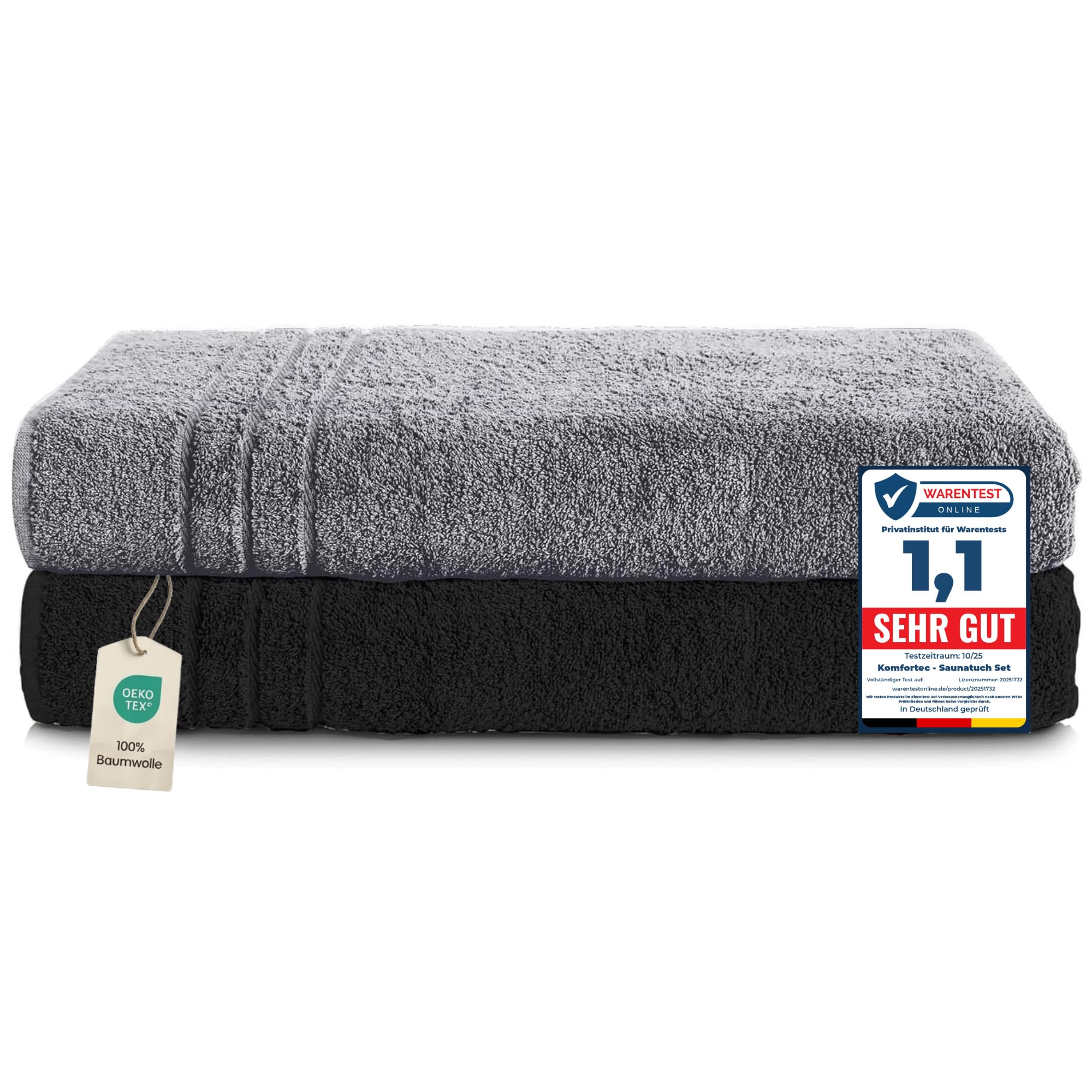 Komfortec Set of 2 Sauna Towels, 80 x 200 cm, 100% Cotton, XXL Sauna Towels, Soft, Large, Terry Cloth, Quick Drying, Anthracite Grey/Black โ image 1