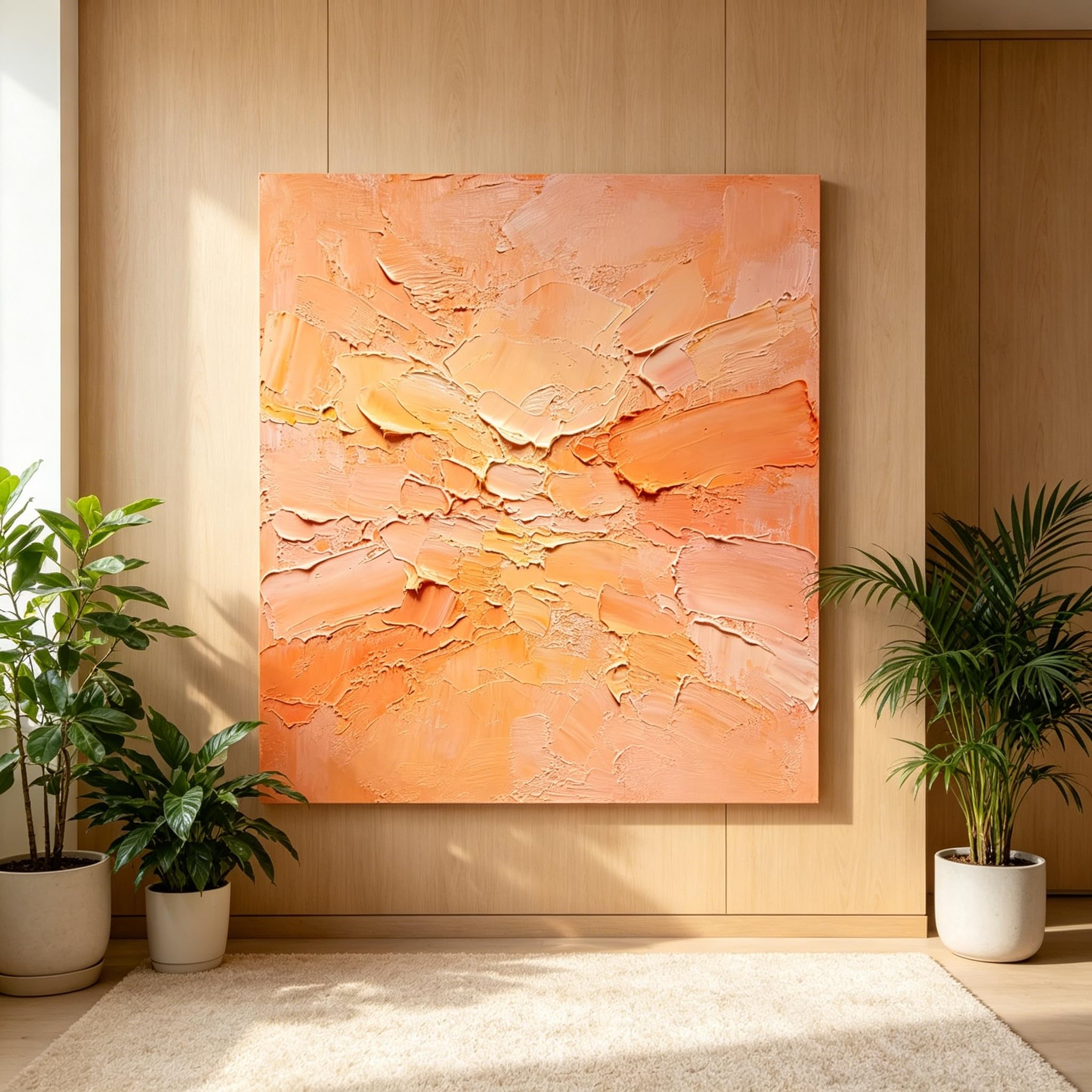 Pintura Al Óleo Abstracta En Tonos Neutros De Melocotón Y Naranja Pintada A Mano con Técnica Impasto Sobre Lienzo. Arte Mural Moderno Minimalista En Tonos Cálidos Estilo Wabi-Sabi para Sala De E