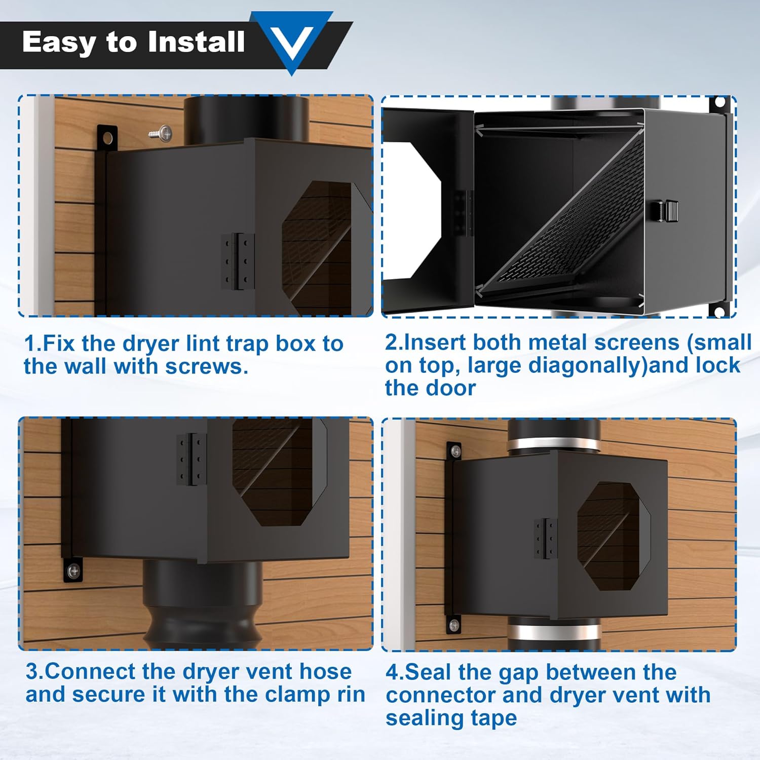 Dryer Lint Trap, Metal Dryer Duct Lint Trap Lint Catcher Collector Box with 90 Degree Dryer Vent Elbow Connector Kit 2 Filter Screens 4 inch Exhaust Hose Clamps Aluminum Foil Tape Cleaning Brush