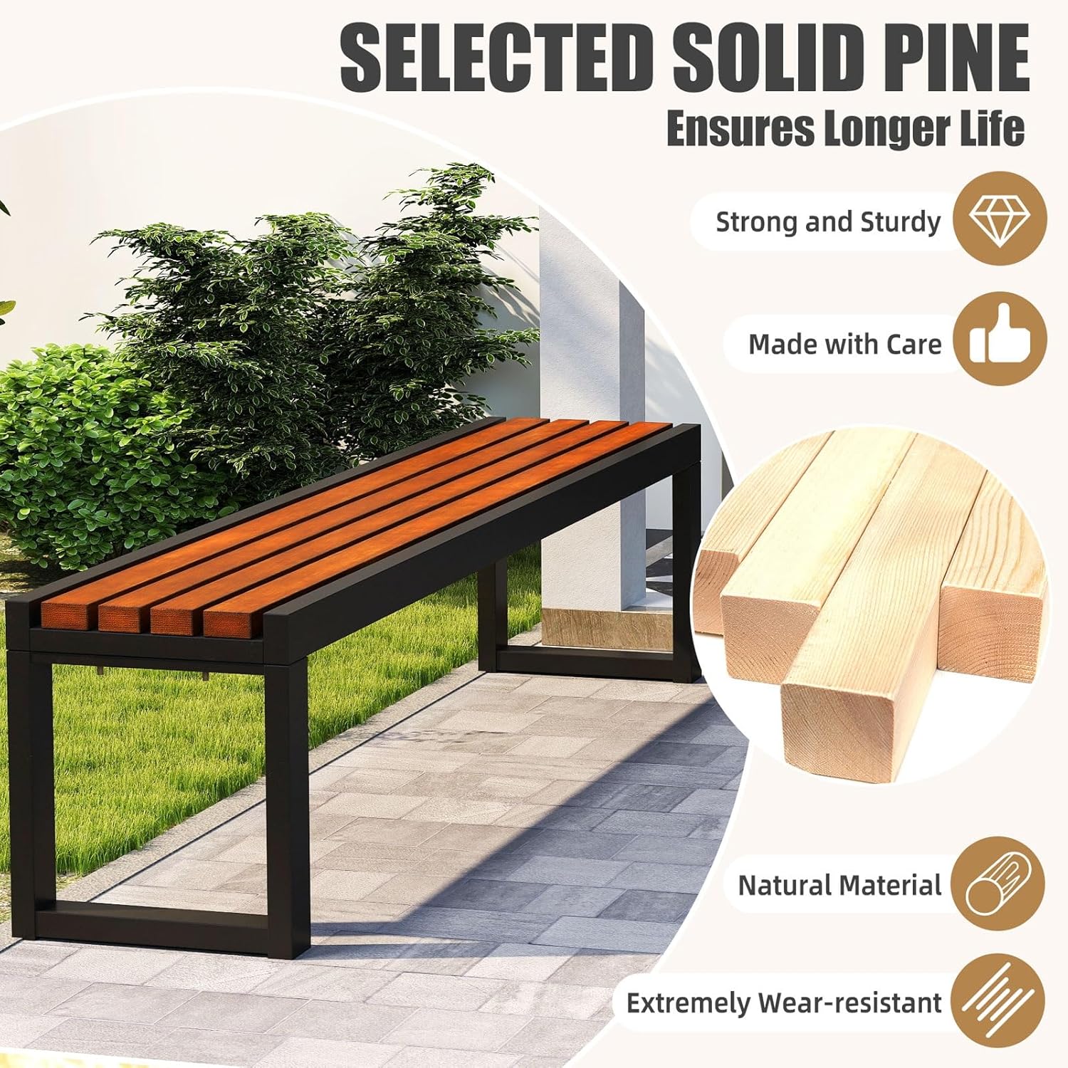Outdoor Garden Bench with Wooden Seat & Iron Frame, All-Weather Outside Benches Heavy Duty Patio Bench for Lawn Porch Yard Park, 880lb Capacity 15.4×17.7in (WxH) Easy Assembly 39.37x15.4x17.7IN
