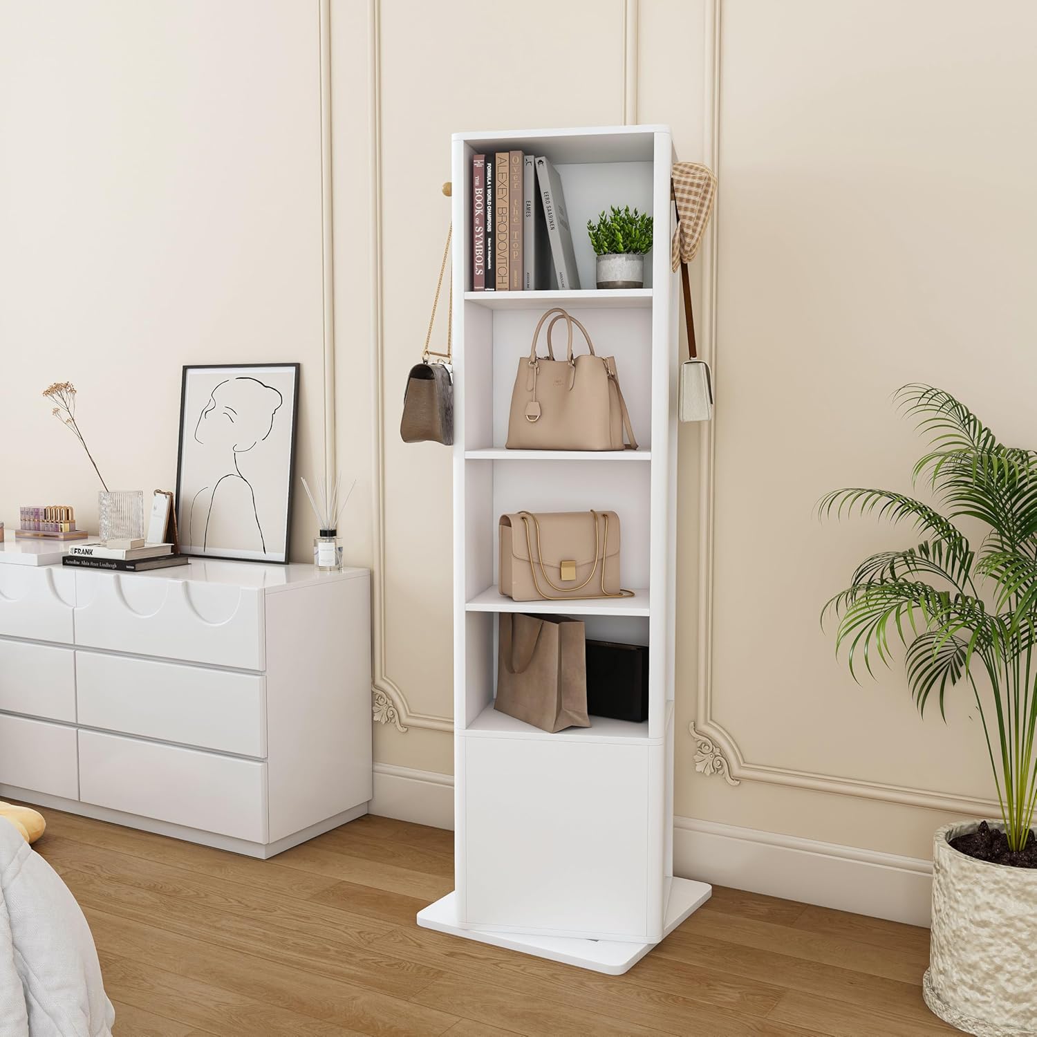 360° Swivel Jewelry Cabinet, Rotatable Jewelry Organizer Armoire Standing with Full Length Mirror, Makeup Cabinet with Jewelry Storage, Coat Rack, 4 Open Shelves and 2 Built-in Cabinets, White