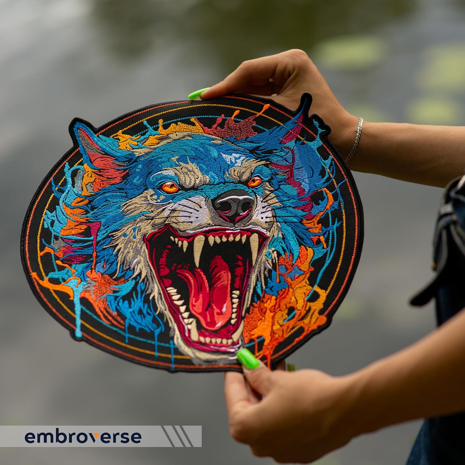EMBROVERSE Fierce Blue Wolf Embroidered Patch - Large Iron-On Animal Applique - Vivid Motorcycle Jacket Back Patch, 12.2 x 12.4 inches