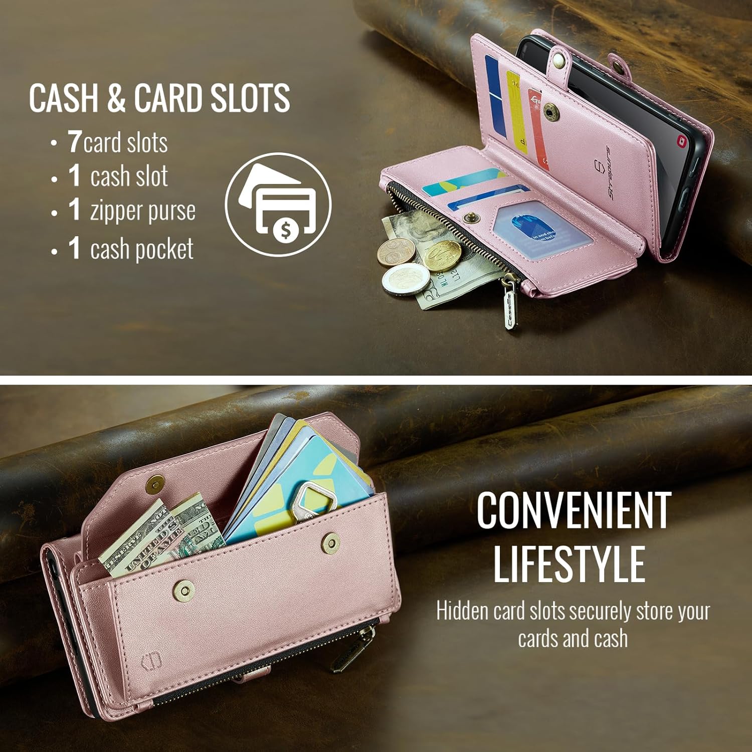 Wallet Case Compatible with Samsung Galaxy S25 5G RFID Blocking Card Holder Soft PU Leather Magnetic Snap Shoulder Strap Zipper Pocket Phone Case Fit for Galaxy S25 - Rose Gold - Image 5