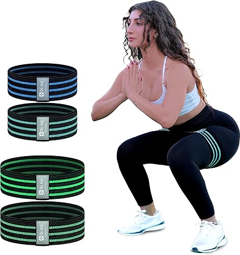 Dr. Aid Bandas de resistencia de tela para mujeres y hombres  Juego de 4 bandas de glúteos (2 tamaños, 2 niveles de tensión)  Antideslizantes,