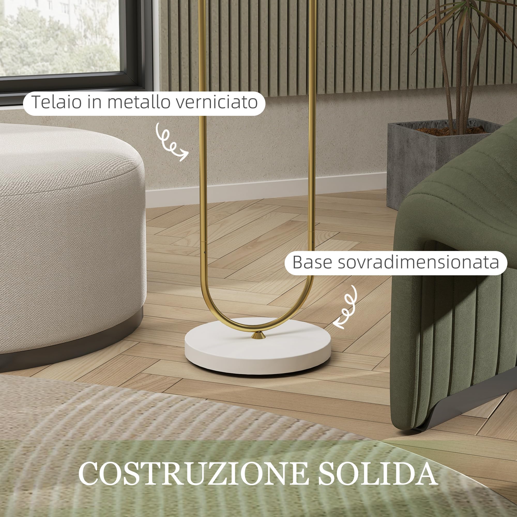 HOMCOM Lampada da Terra Moderna con Doppio Tubo Metallico Base Grande Oro | Lampada a Piantana, Paralume in Tessuto, Interruttore a Pedale, Base di Appoggio, per Salotto e Camera da Letto