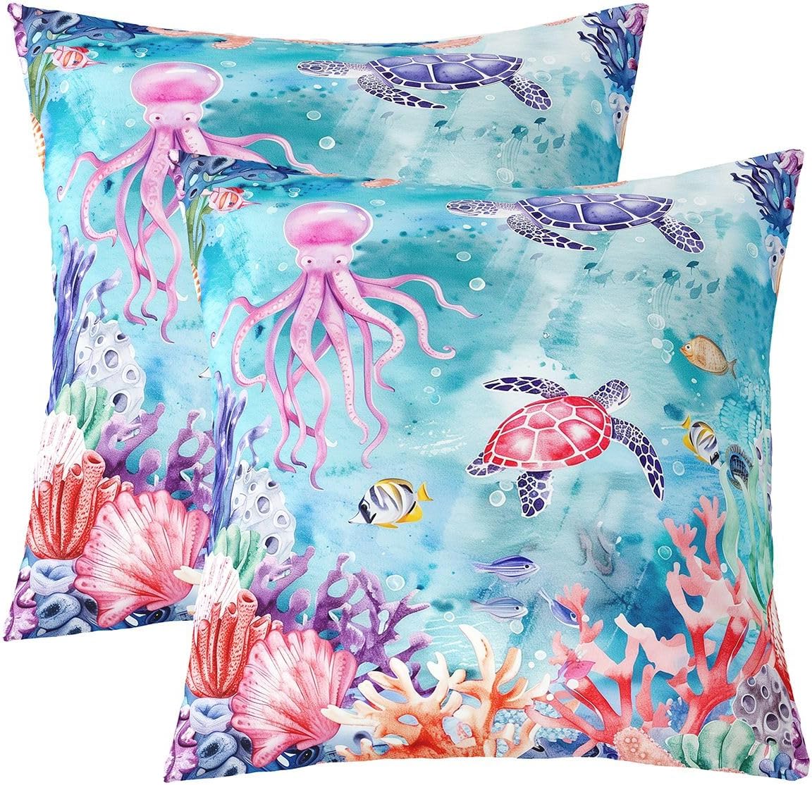 Kawaii Killer Whale Throw Pillow Covers 24x24 Inch Set of 2, 3D Whale Pillow Covers For Lumbar Support, Marine Life Hawaii Ocean Wave Cushion Cases, Aquarium Sea Animal Decorative Square Pillow Cases