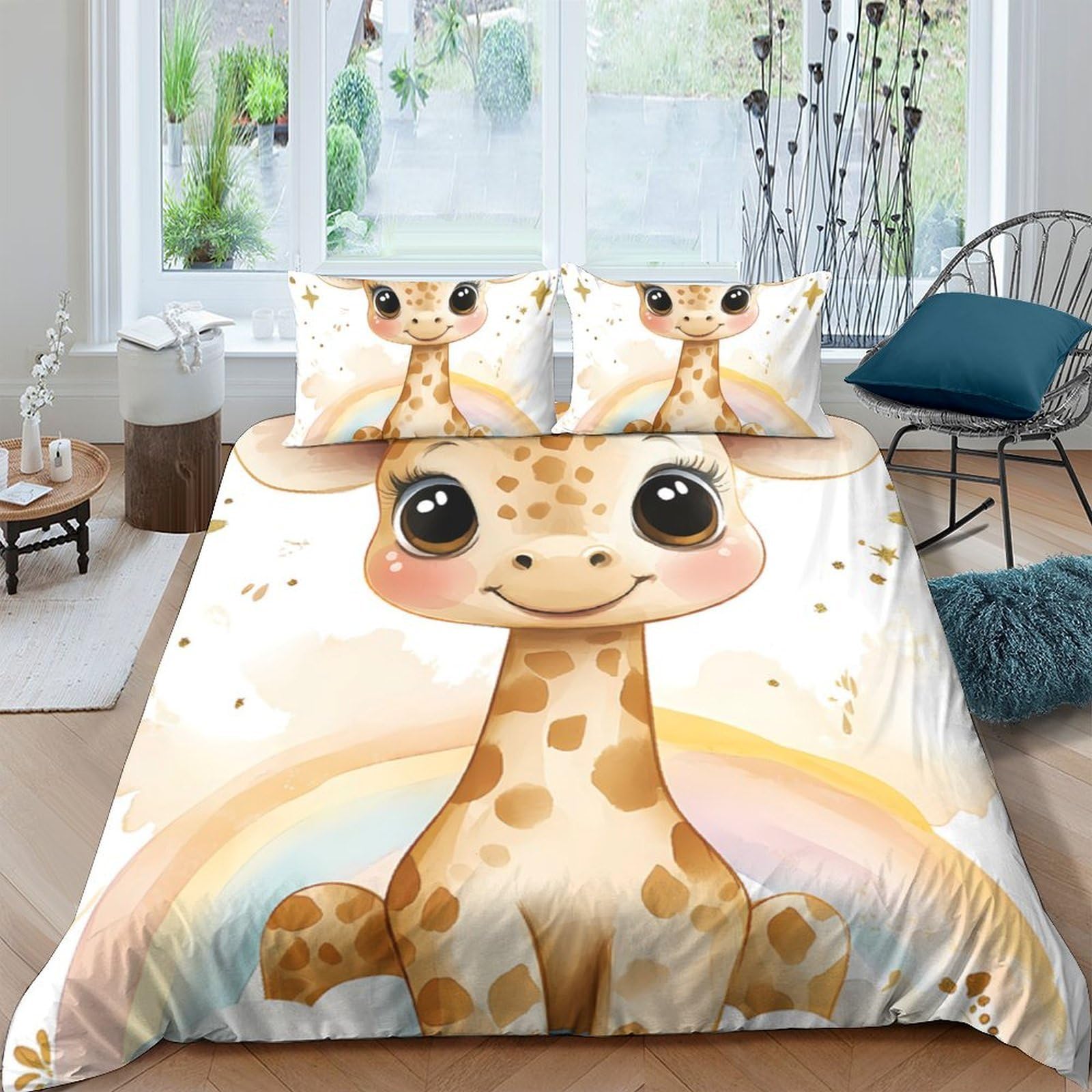 Ctjqhvkz Style-10 3D Printed Cute Giraffe Fitted Sheet Microfiber Cartoon Rainbow Mattress Cover For Bedroom Dorm Machine Washable Decor Single（135X200cm）