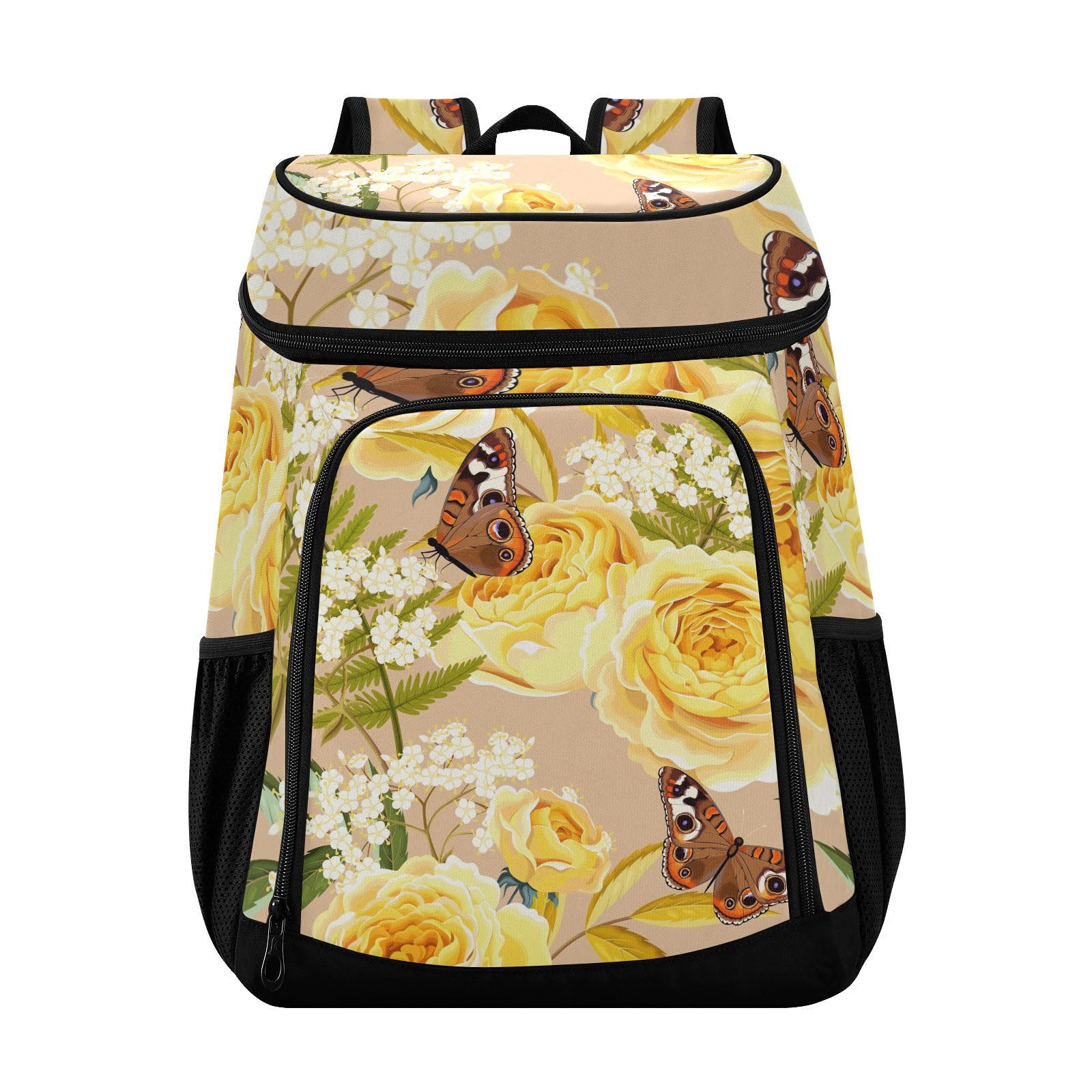 Yellow Rose Flower Butterfly Cooler Backpack Cooler Insulated Leak Proof Lunch Backpack 36 Cans Waterproof Soft for Men Women Picnic Hiking Camping Beach