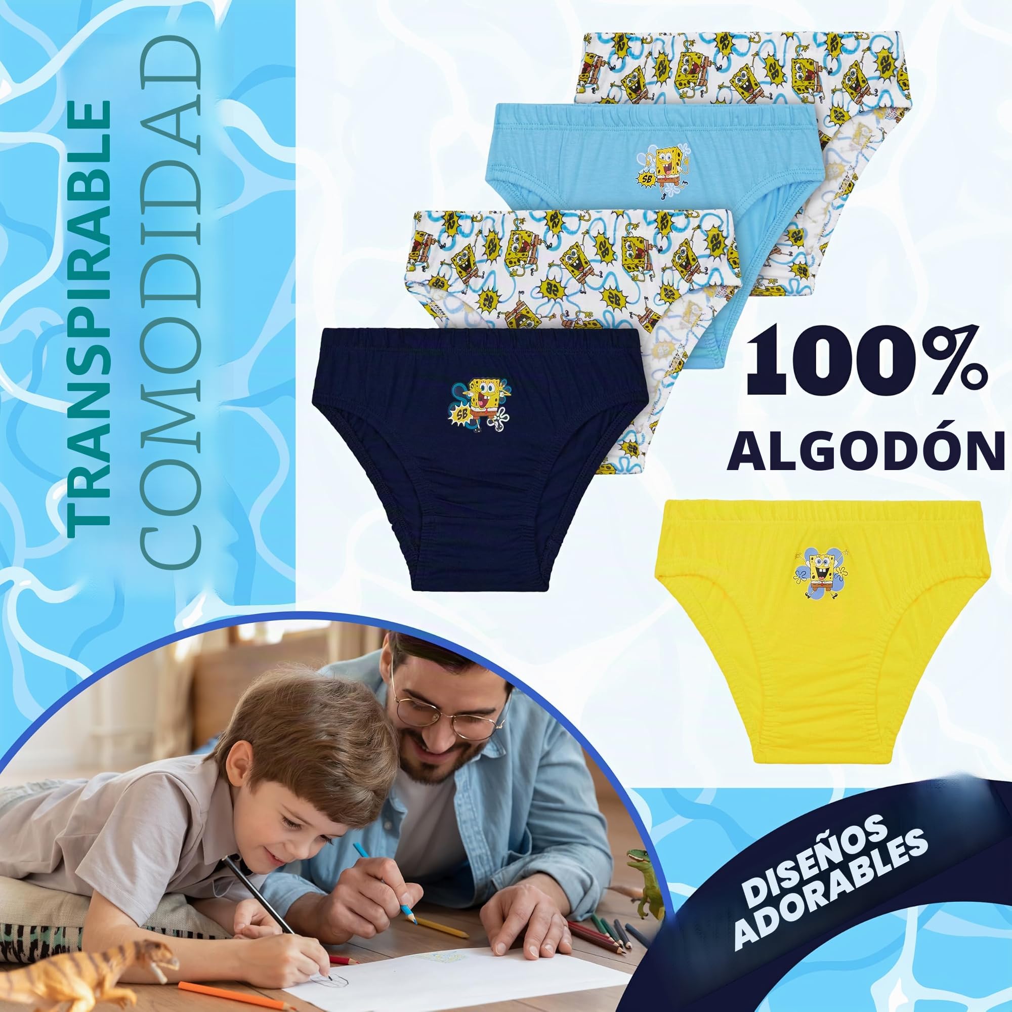 SpongeBob Squarepants Bob Esplonja Transpirables Calzoncillos de 100% Algodón para Niño - Paquete de 5
