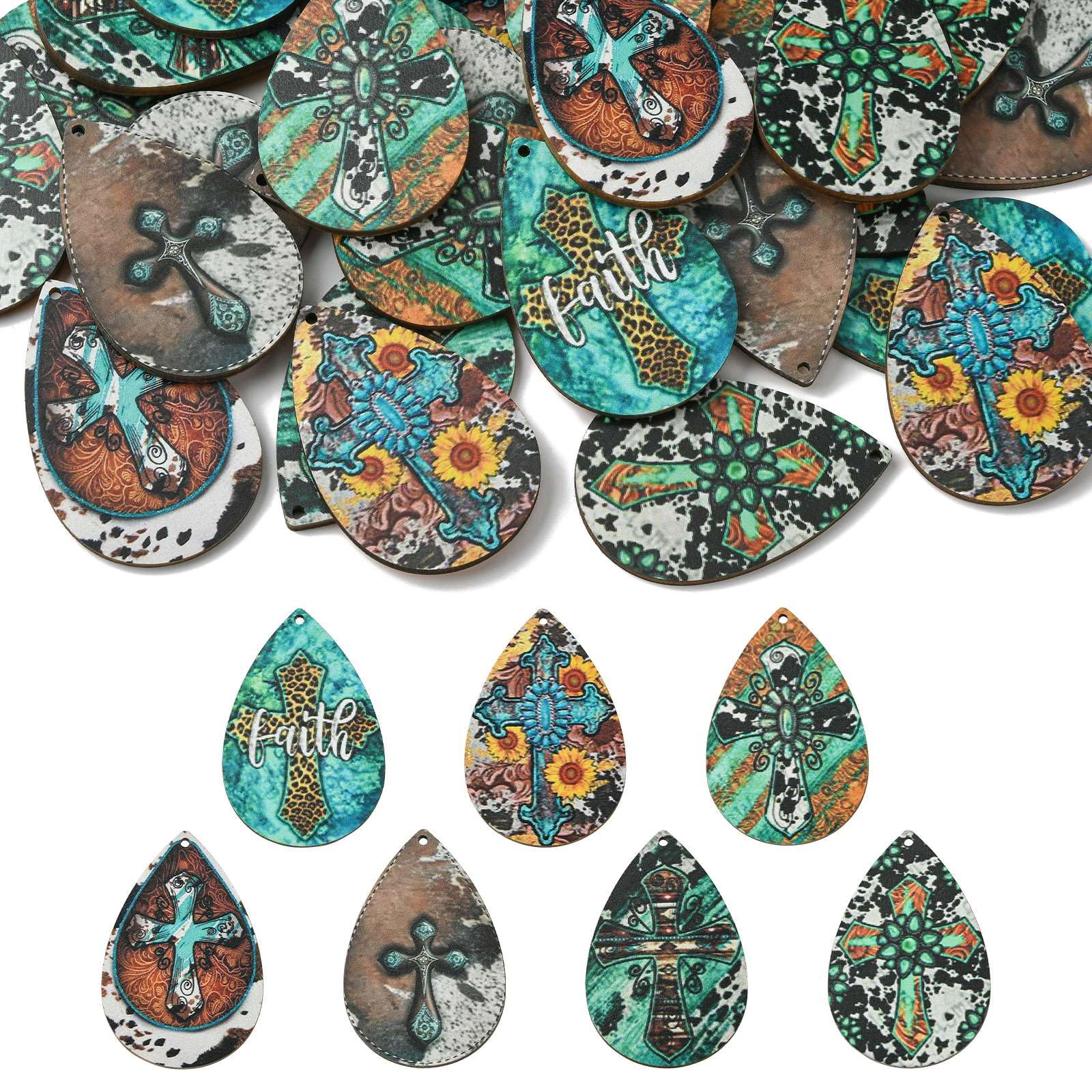 190 cuentas de madera natural sin terminar de 20 mm, cuentas redondas de madera con diseño de gato feliz para hacer joyas de bricolaje [35 unidades, lágrima, 7 colores]