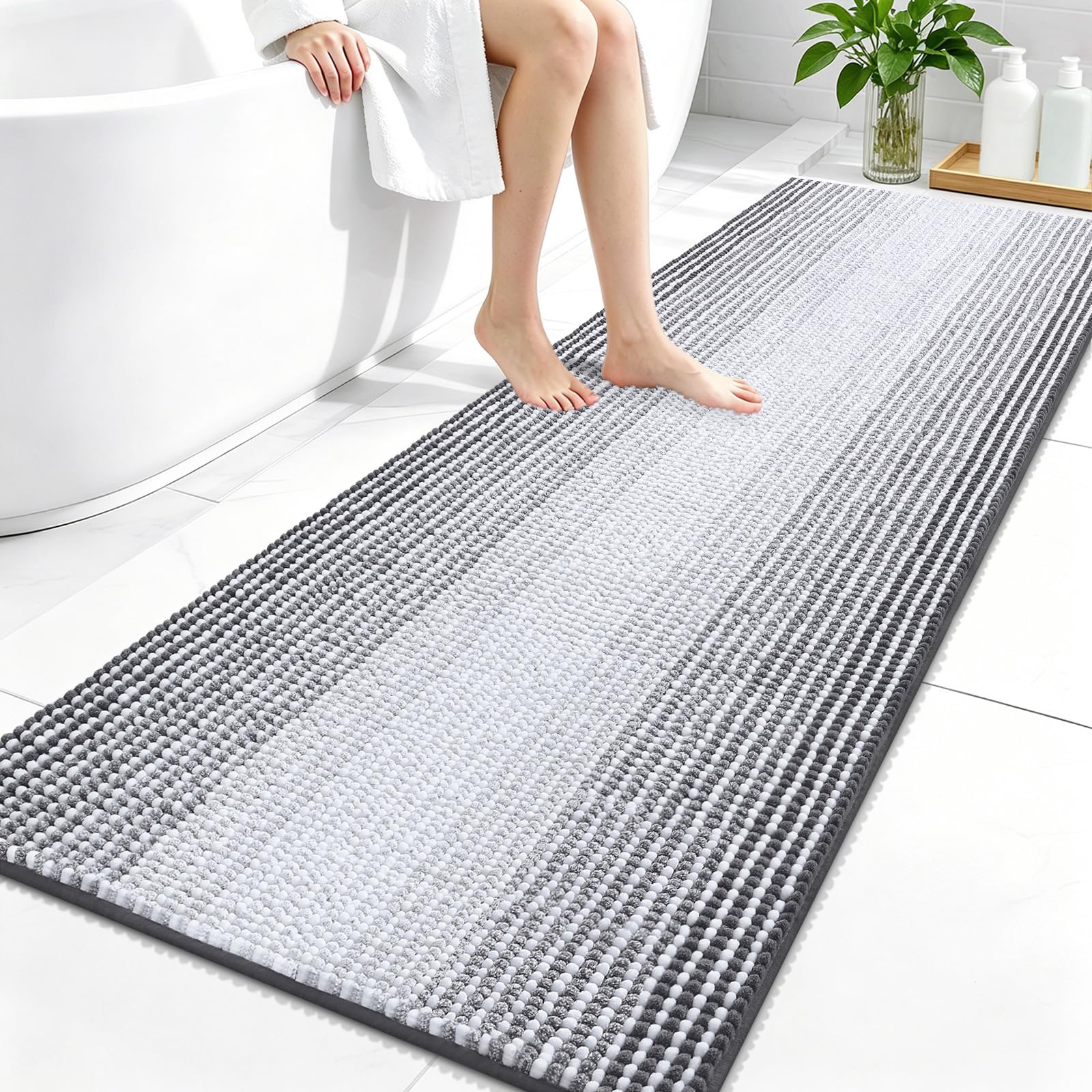 OLANLY Bathroom Runner Rugs 59x24, Soft Chenille Striped Bath Rugs, Grey