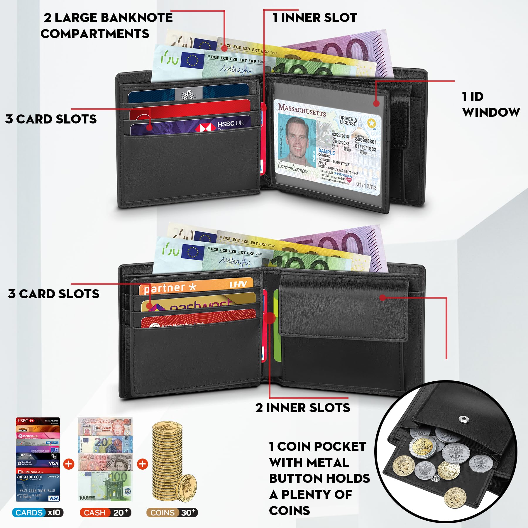 WONSEFOO Portefeuille Homme en Cuir Blocage RFID, Mince Porte-Monnaie avec Porte-Clés, 10 Porte-Carte de Crédit (fenêtre ID), 2 Compartiment à Billets, 1 Grande Poche à Monnaie, Cadeau Parfait-Noir