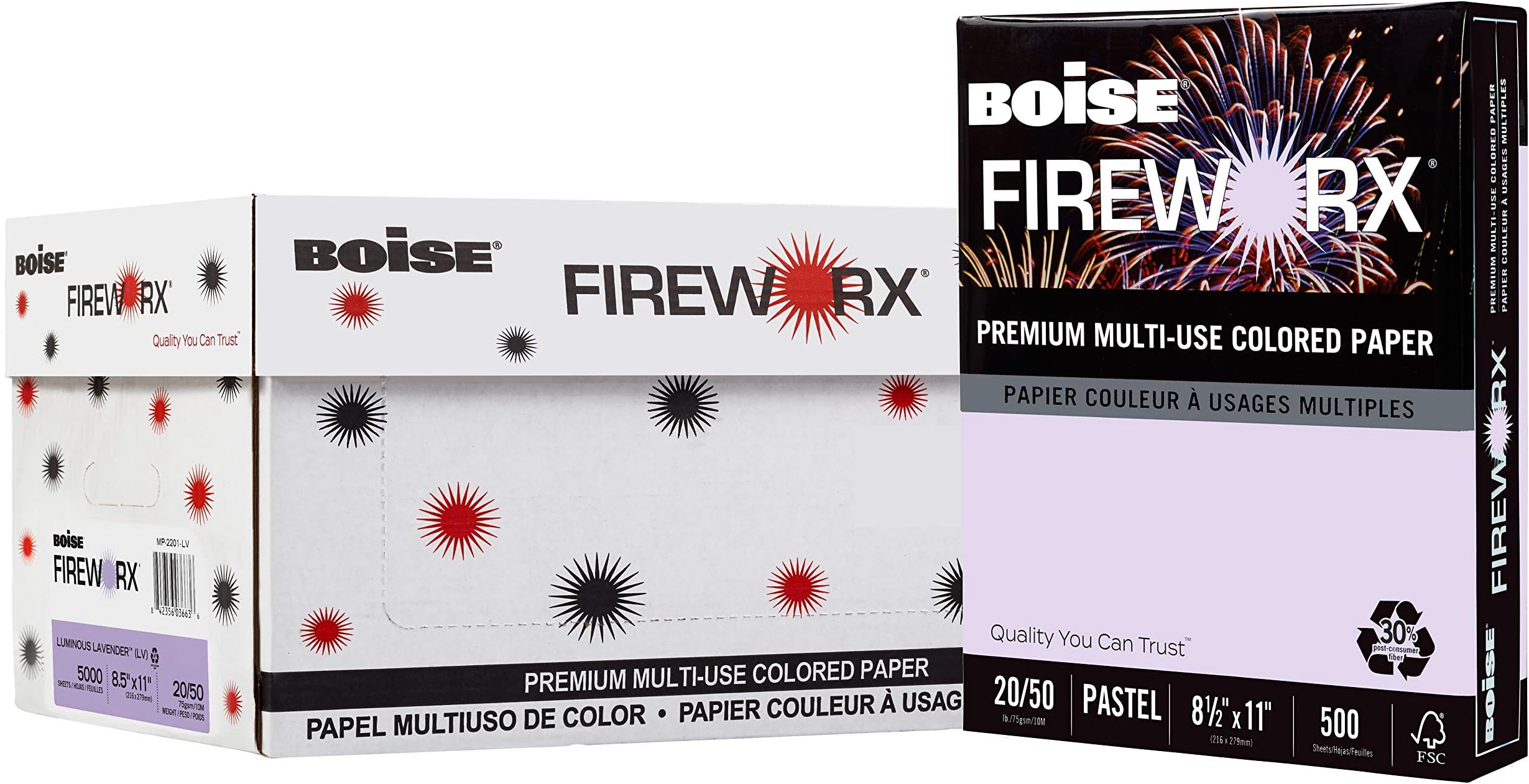BOISE FIREWORX Premium Multi-Use Colored Paper, 8.5" x 11" Letter, Luminous Lavender, 20 lb., 10 Ream Carton (5,000 Sheets)