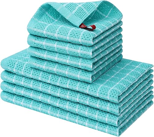 Fintale Paquete de 6 paños de cocina de 12 x 12 pulgadas, 100% algodón, tejido de gofre, suaves y superabsorbentes, trapos de secado rápido para