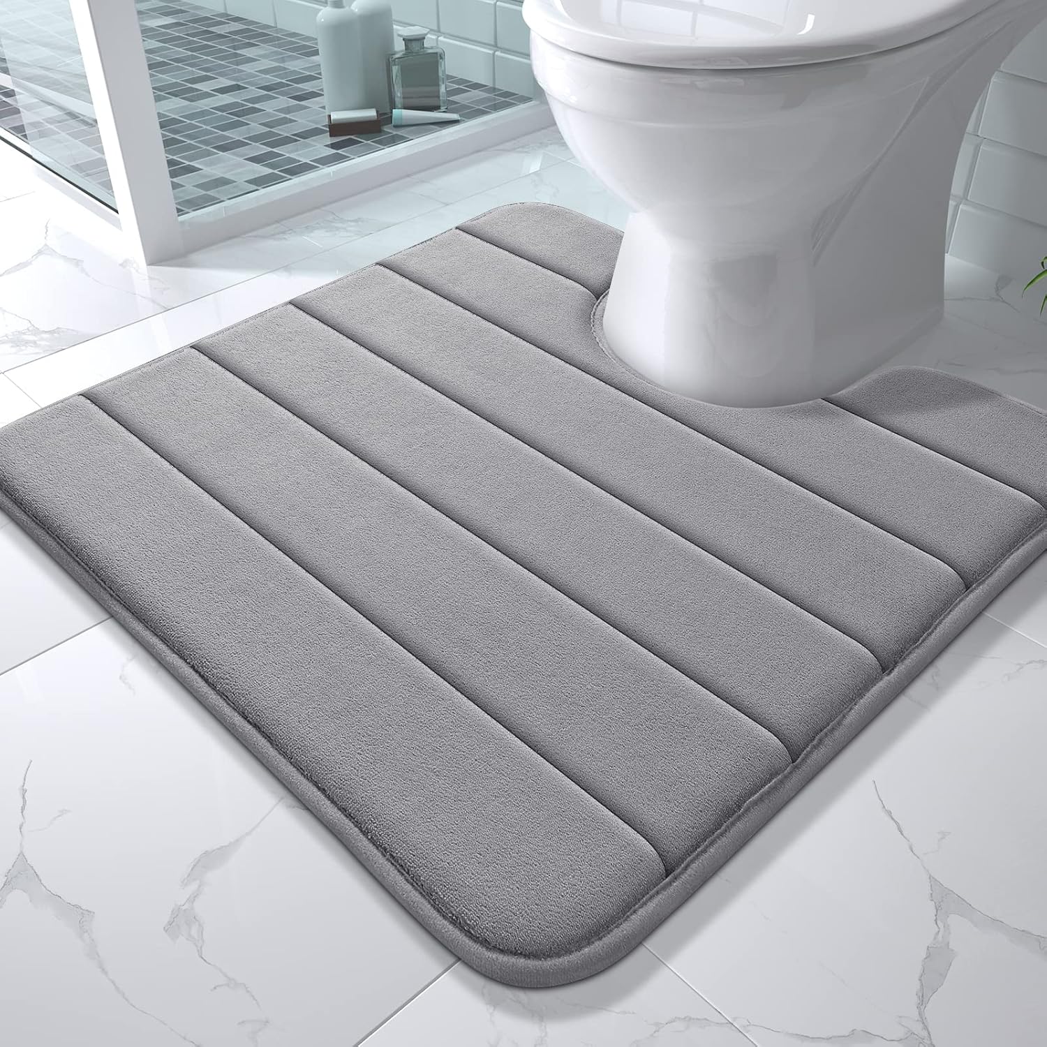 Yimobra Memory Foam Toilet Bath Mat U-Shaped, Soft and Comfortable, Super Water Absorption, Non-Slip, Thick, Machine Wash and Easier to Dry for Bathroom Commode Contour Rug, 24 X 24 Inches, Gray Grey 24" x 24"
