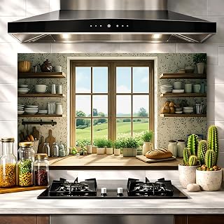 Oversized Kitchen Wall Sticker 35.4x23.6in, Peel & Stick Decor, Waterproof Oil-Proof, Wipeable, for Backsplash Counter Area Cabinets Pantry Wall (Sunny Kitchen Window (Green View), 35.4“ x 23.6”)