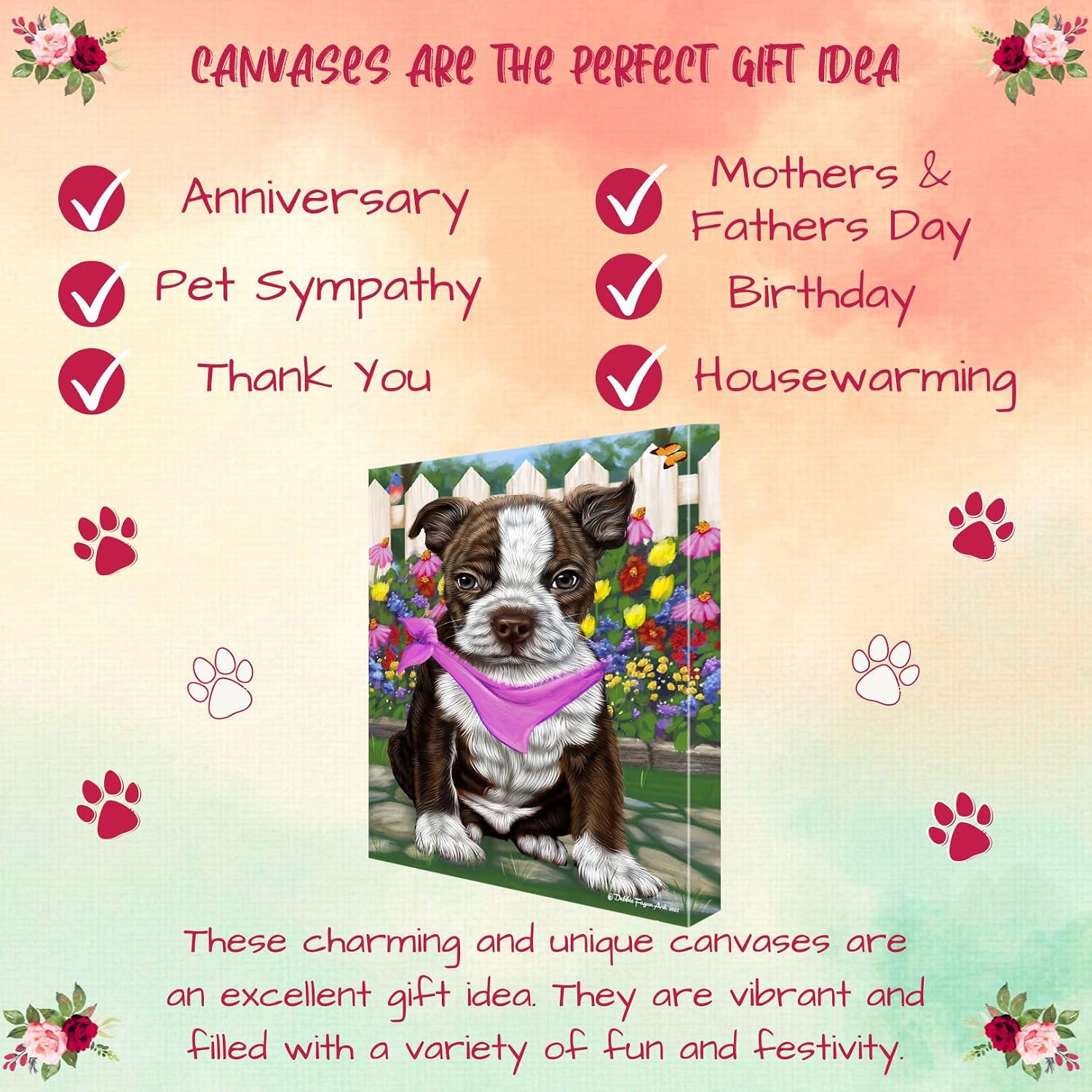 Doggie of the Day Spring Floral with Boston Terrier Dogs Canvas Wall Art - Premium Quality Ready to Hang Room Decor - 1.5" Thick Canvas Wrap 24" x 36"