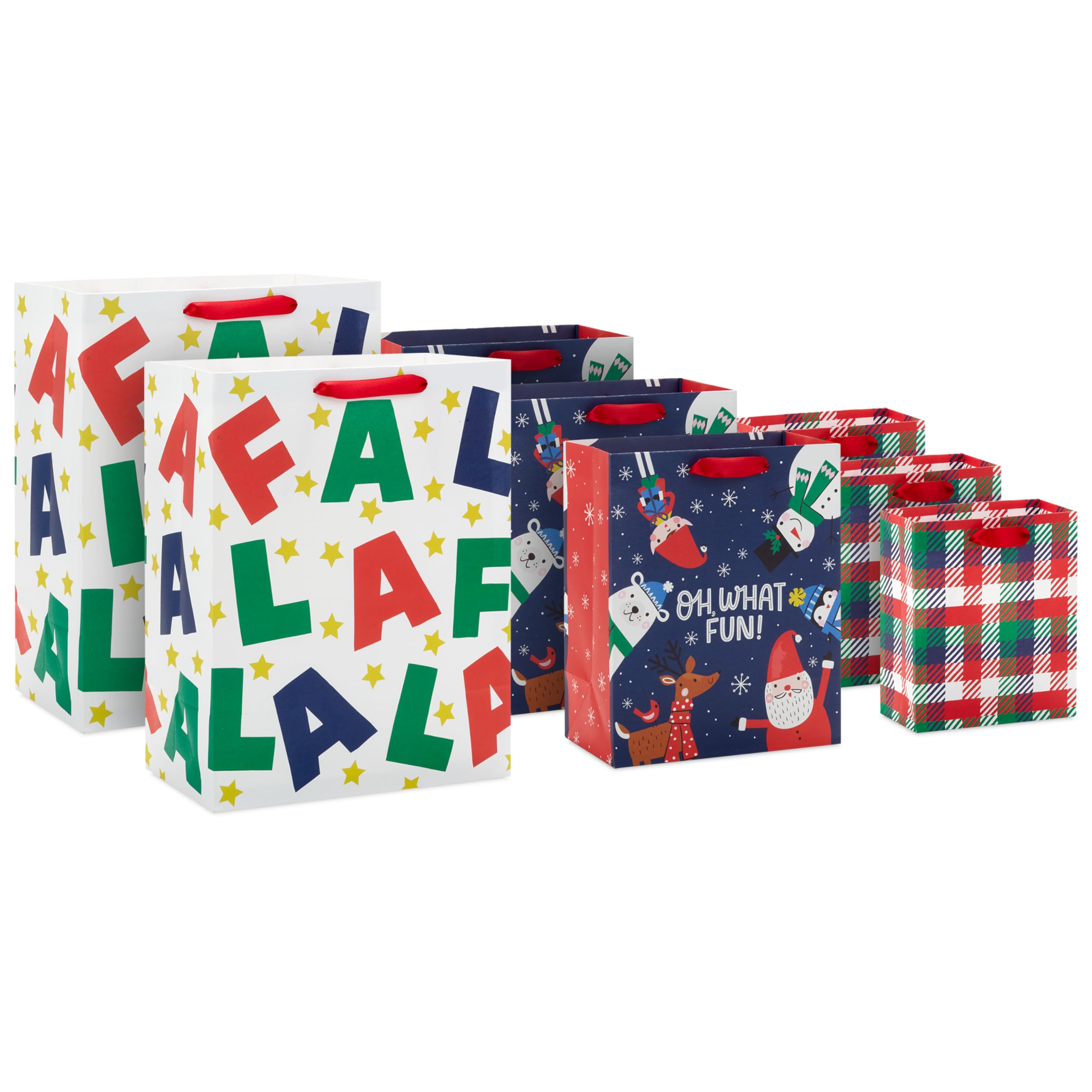 Hallmark Christmas Gift Bag Assortment for Kids (8 Bags: 3 Small 6", 3 Medium 9", 2 Large 13") Red, Blue, Green Plaid, Elf, Santa, Snowman, Oh What