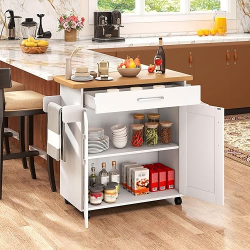 Miniatura 2 de Giantex Isla de cocina, carrito de cocina rodante con estante para especias y toallero, cajón grande y armario de almacenamiento de 2 puertas,