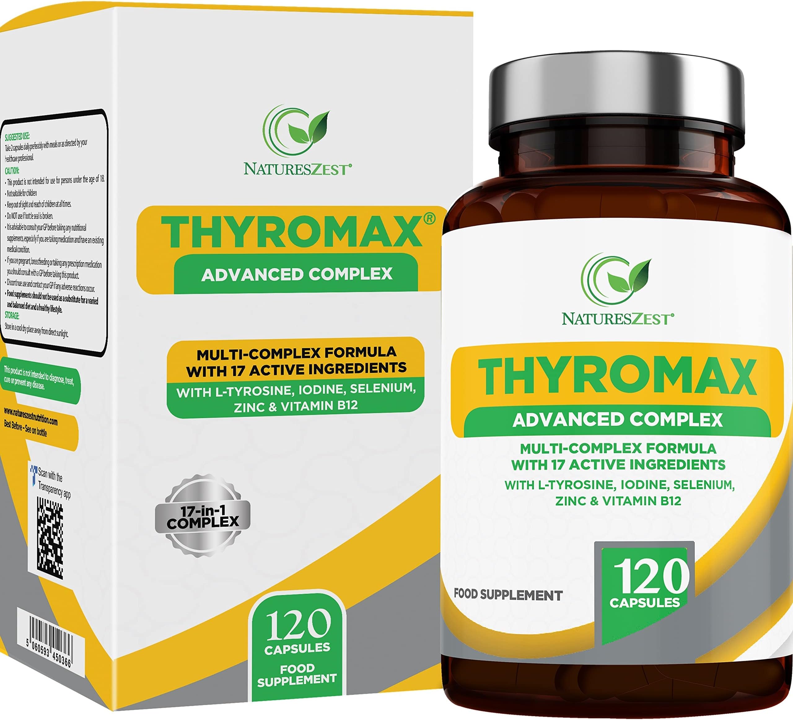 ThyroMax - Thyroid Support Supplement - 120 Vegan Capsules - 17 Active Ingredients Including Iodine, L-Tyrosine, Ashwagandha, B12 and Zinc - Energy & Focus Formula -UK Made, 2 Month's Supply