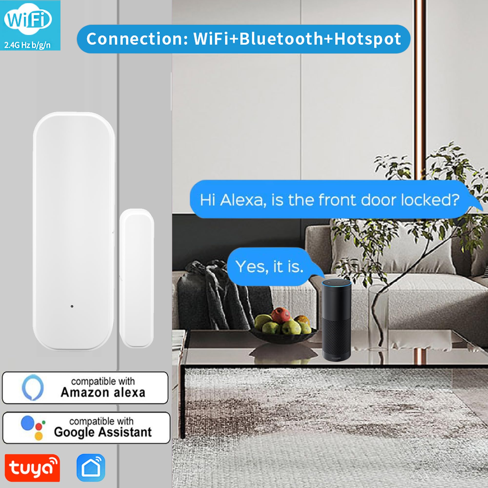 Tuya - Sensore per porte WiFi, sensore per finestre senza fili, in tempo reale, compatibile con Alexa Google Assistant, sensore di contatto aperto per porte di sicurezza domestica (confezione da 4)