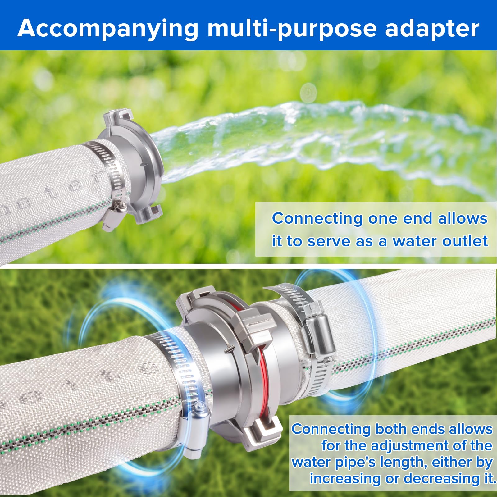 Manguera de retrolavado de piscina de PVC resistente, manguera de descarga de agua, de uso general, flexible, reforzada, plana, tubo de drenaje para transferencia de agua, con 4 abrazaderas, 1
