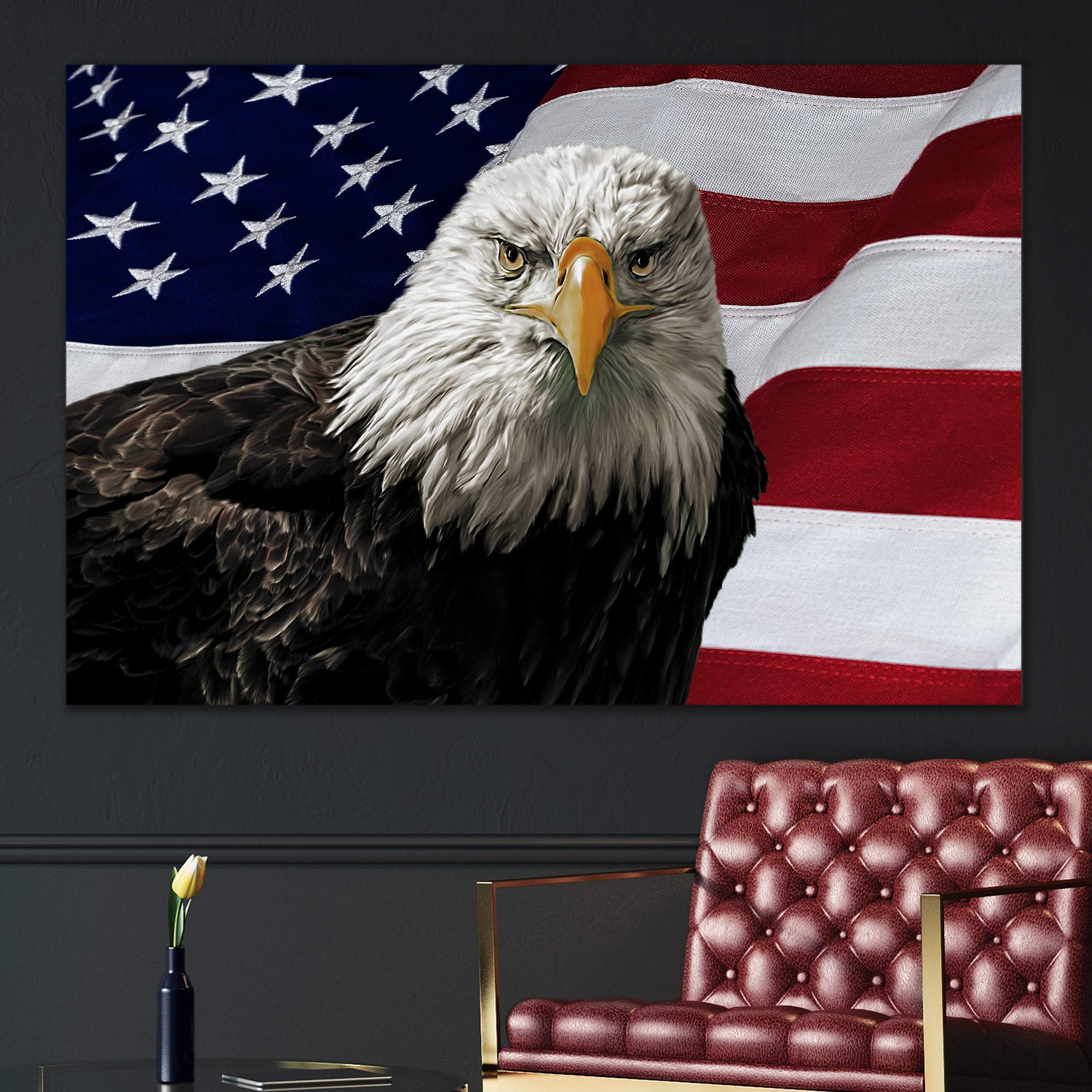 Canvas Prints Wall Art - Majestic Bald Eagle Against a Photo of an American Flag Patriotic Style | Modern Wall Decor/Home Decoration - 24