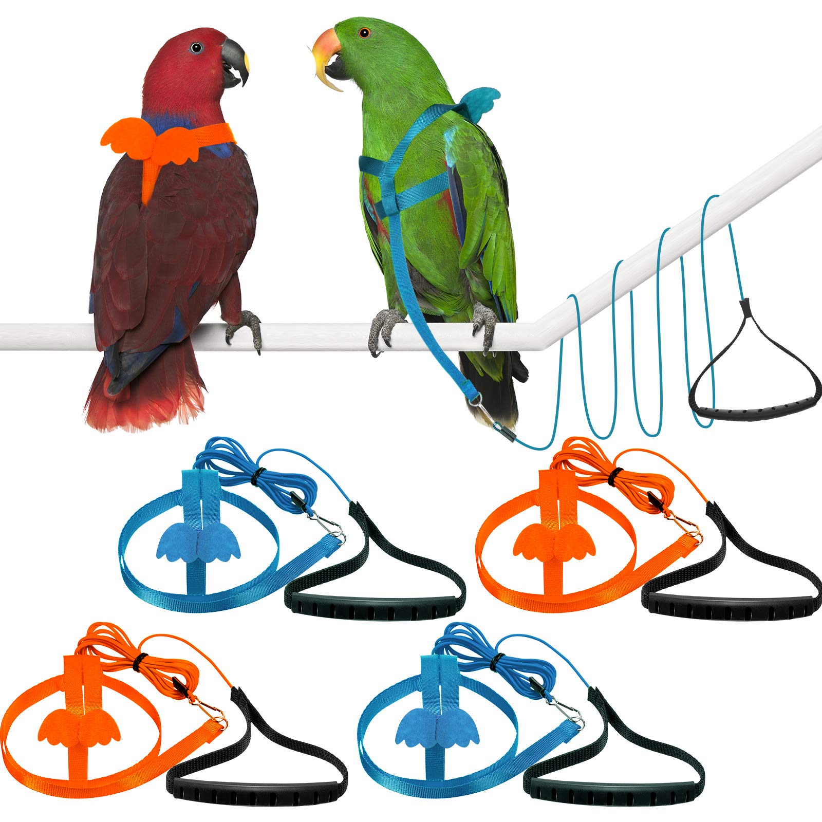 Shappy 4 Pieces Pet Parrot Bird Harness Leash Adjustable Bird Flying Harness Traction Rope with Cute Wing (L, Orange, Light Blue)