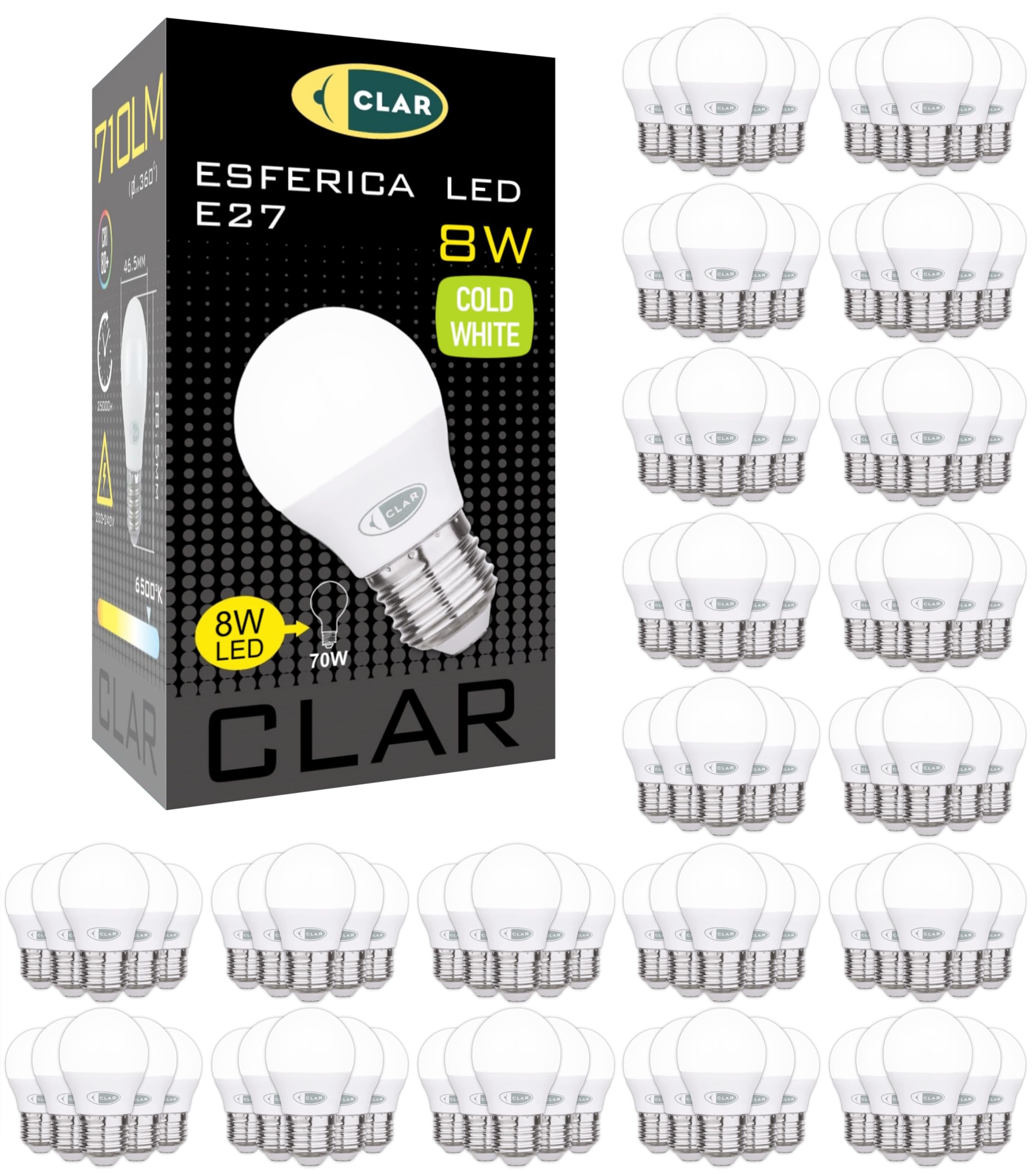 CLAR - E27 LED Kaltweiss, LED E27 Kaltweiß, Glühbirne E27, E27 LED, LED E27, LED Birne E27, LED Glühbirne E27, Led Lampe E27, LED Lampe E27, E27 Kaltweiss, Glühbirne 60 Watt, 8W 6000K (Pack 100)