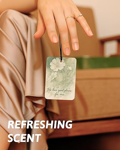 Miniatura 6 de Ambientador de aire para automóvil cristiano con lazo floral verde retro, 4 piezas, ambientador colgante religioso femenino para autos, armario,