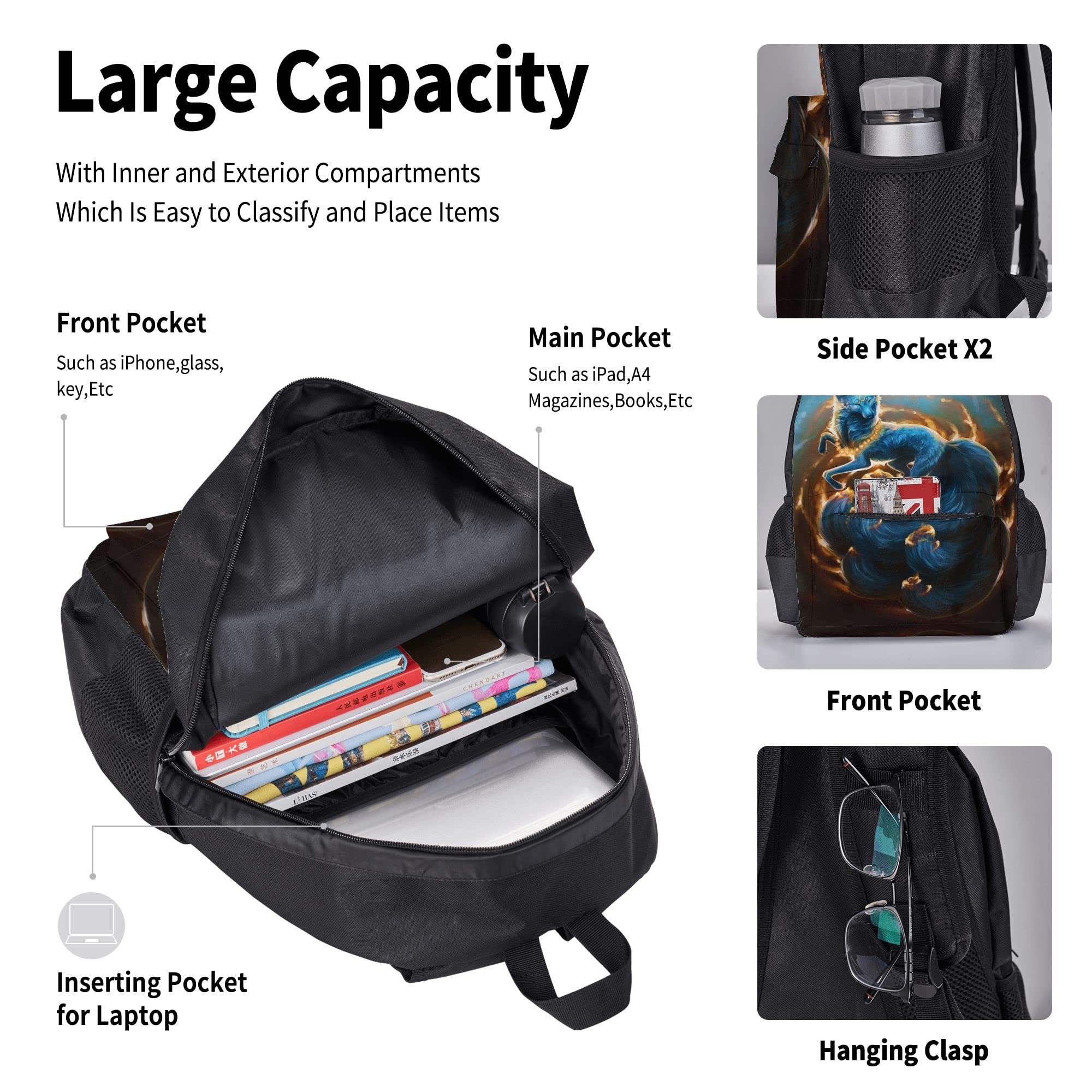 Ensembles de sac à dos scolaire 3 pièces Teens Studentss (créature mythique kitsune renard) Cartable + Sac à lunch + Trousse à crayons Mignon Sackpack College Work Gym Randonnée Pêche Sac d'ordinate
