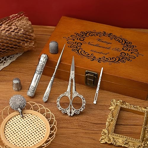 Miniatura 5 de Kit de tijeras de bordado vintage, regalo de Navidad para profesionales de costura, kit de costura antiguo europeo, herramientas de costura